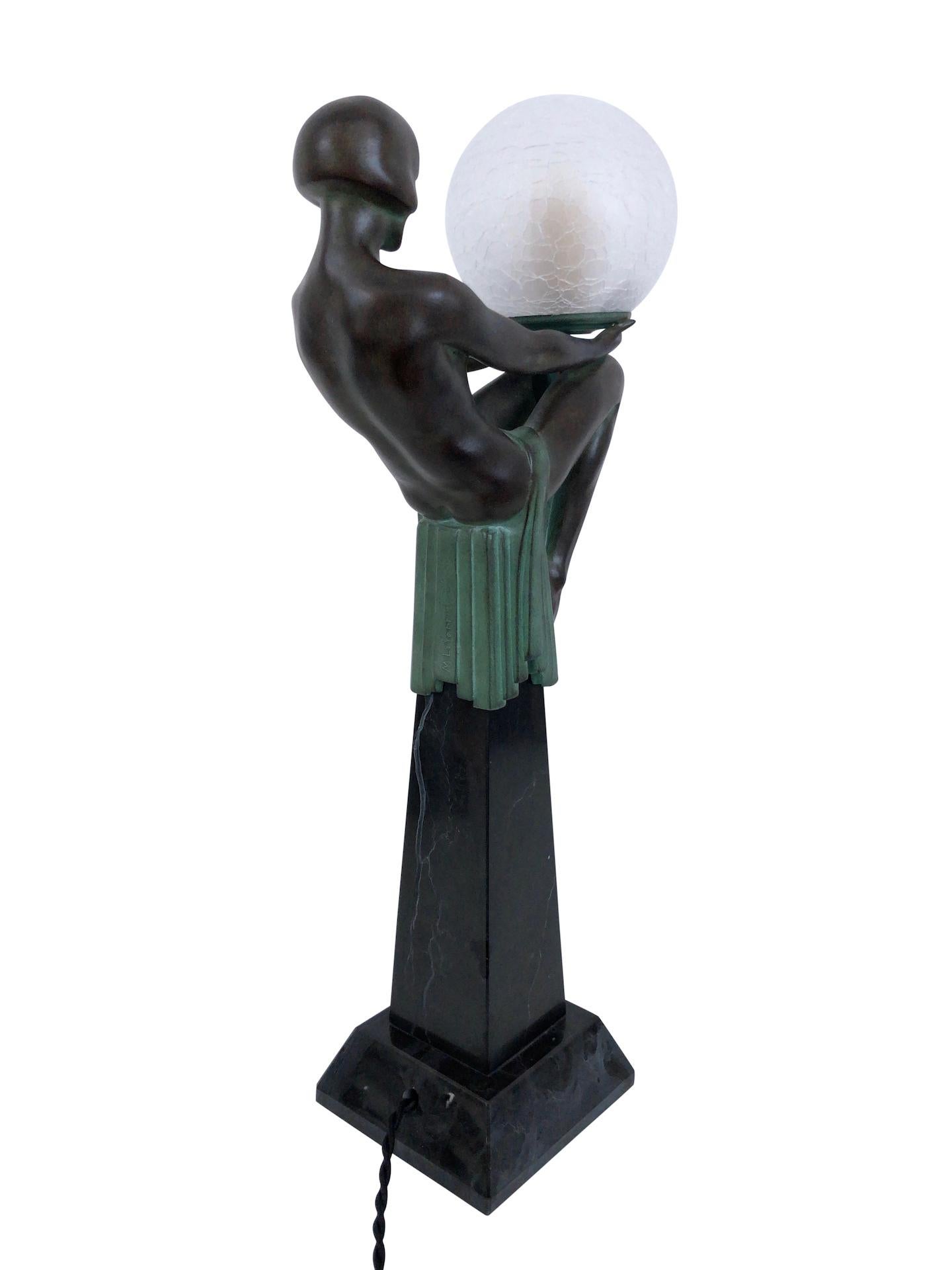 French Enigme Art Deco Style Woman Sculpture on top of an Obelisk Lamp Max Le Verrier For Sale
