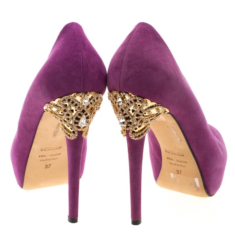 Violet Escarpins à talons en daim violet à bout ouvert et cristaux Enio Silla pour Le Silla, taille 37 en vente