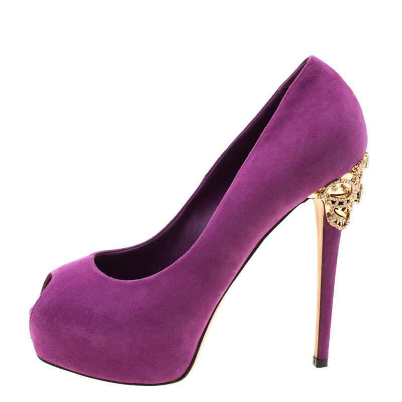 Enio Silla For Le Silla Purple Suede Open Toe Crystal Heel Pumps Size 37 In Good Condition For Sale In Dubai, Al Qouz 2