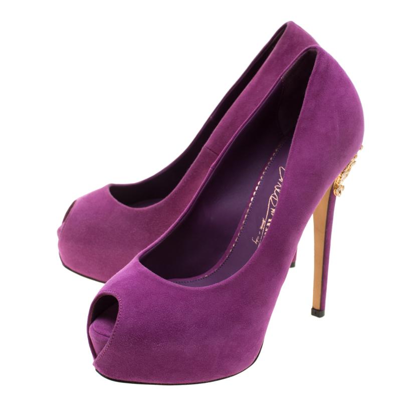 Enio Silla For Le Silla Purple Suede Open Toe Crystal Heel Pumps Size 37 For Sale 1