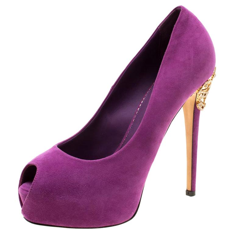 Enio Silla For Le Silla Purple Suede Open Toe Crystal Heel Pumps Size 37 For Sale