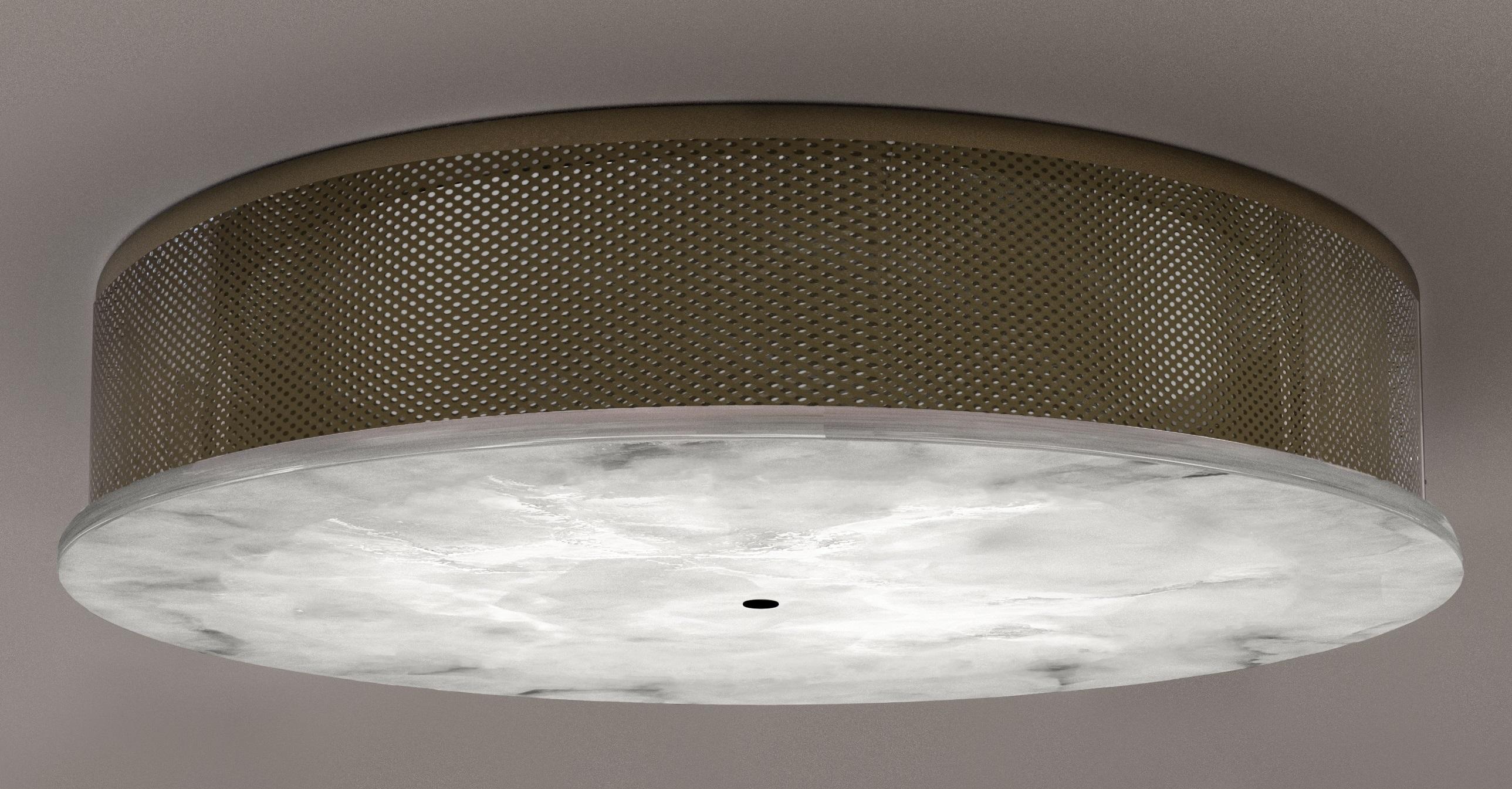 Enkō Brushed Burnished Metal Ceiling Light by Alabastro Italiano
Dimensions: Ø 34,5 x H 9,2 cm.
Materials: White alabaster and brushed burnished metal.

Available in different finishes: Shiny Silver, Bronze, Brushed Brass, Ruggine of Florence,