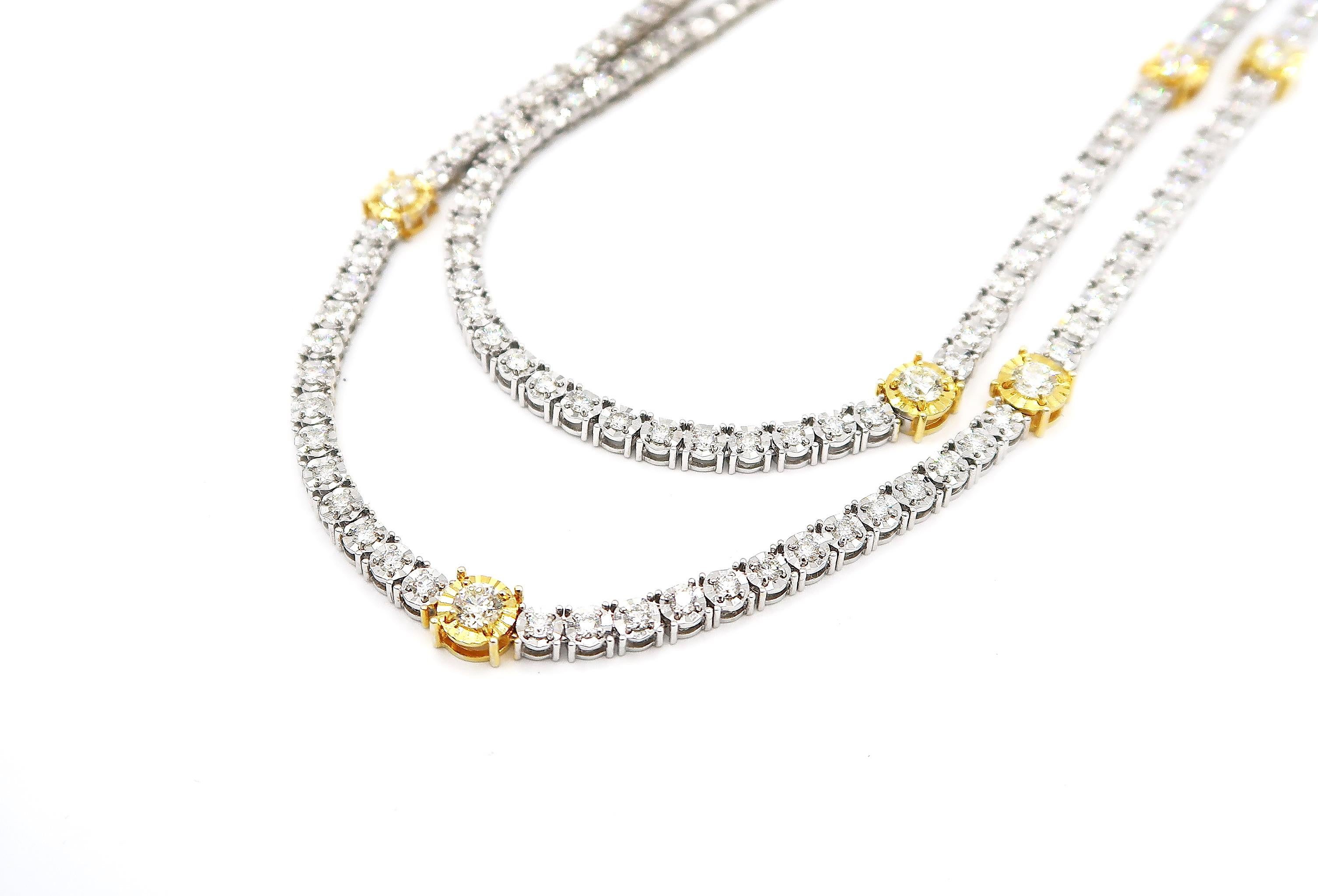 Contemporary Enlarging Effect Diamond Long Necklace in 18 Karat White and Yellow Gold For Sale