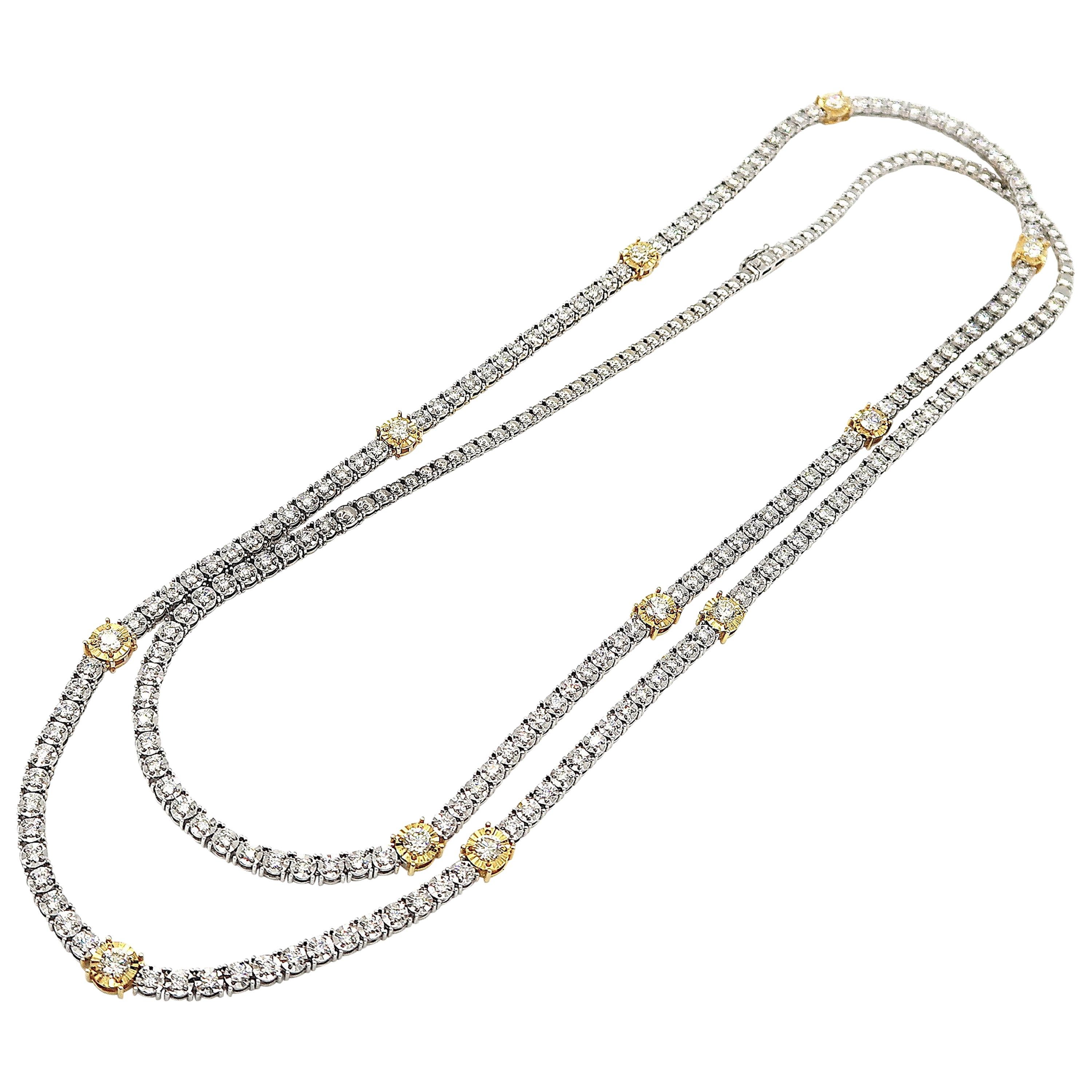 Enlarging Effect Diamond Long Necklace in 18 Karat White and Yellow Gold For Sale