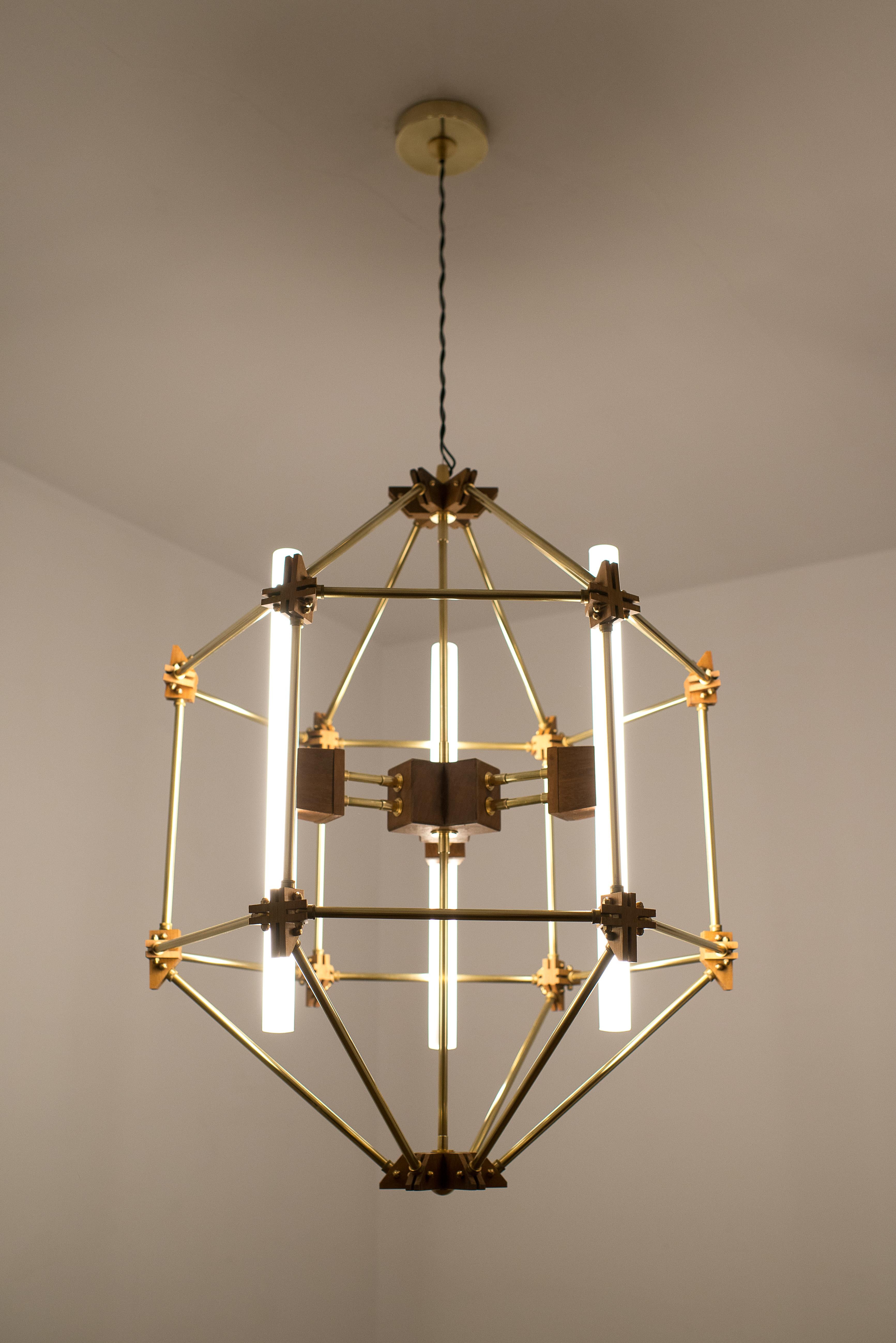 Enlighted Sculpture Pendant Brass Contemporary Geometric Brutalist Wood Brave In New Condition For Sale In Seville, ES