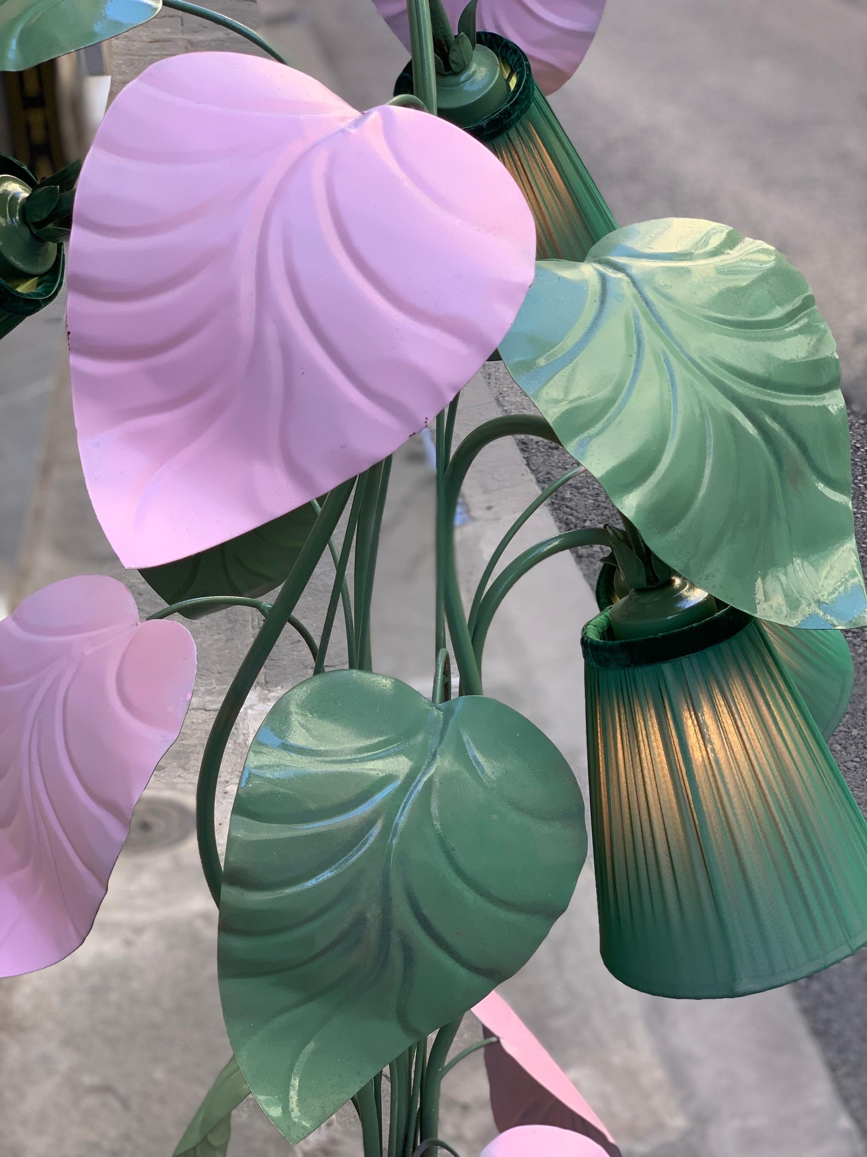 Enlightening Pink and Green Plant Floor Lamp with Our Hand-Sewn Lampshades, 1950s 1