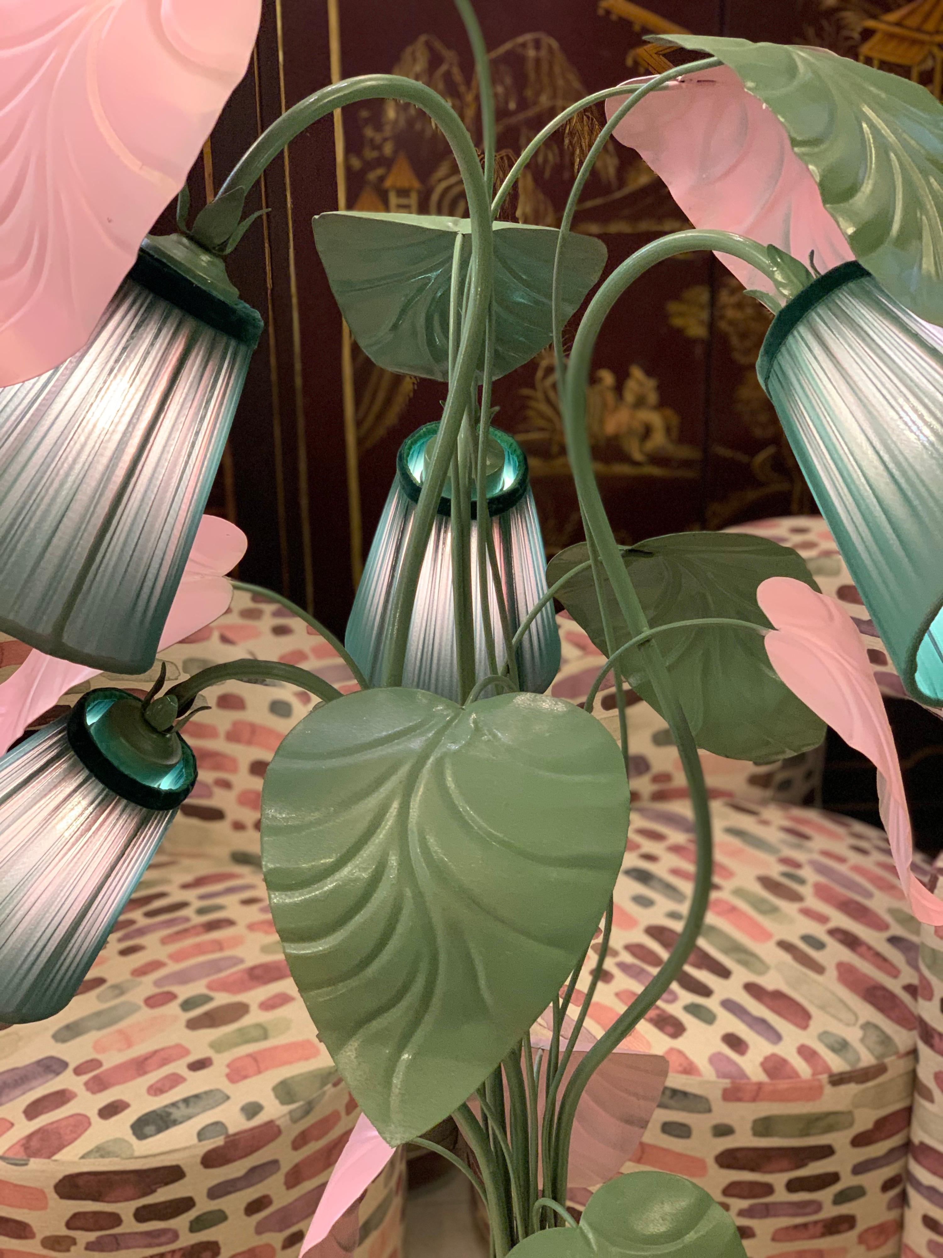 Enlightening Pink and Green Plant Floor Lamp with Our Hand-Sewn Lampshades, 1950s 3