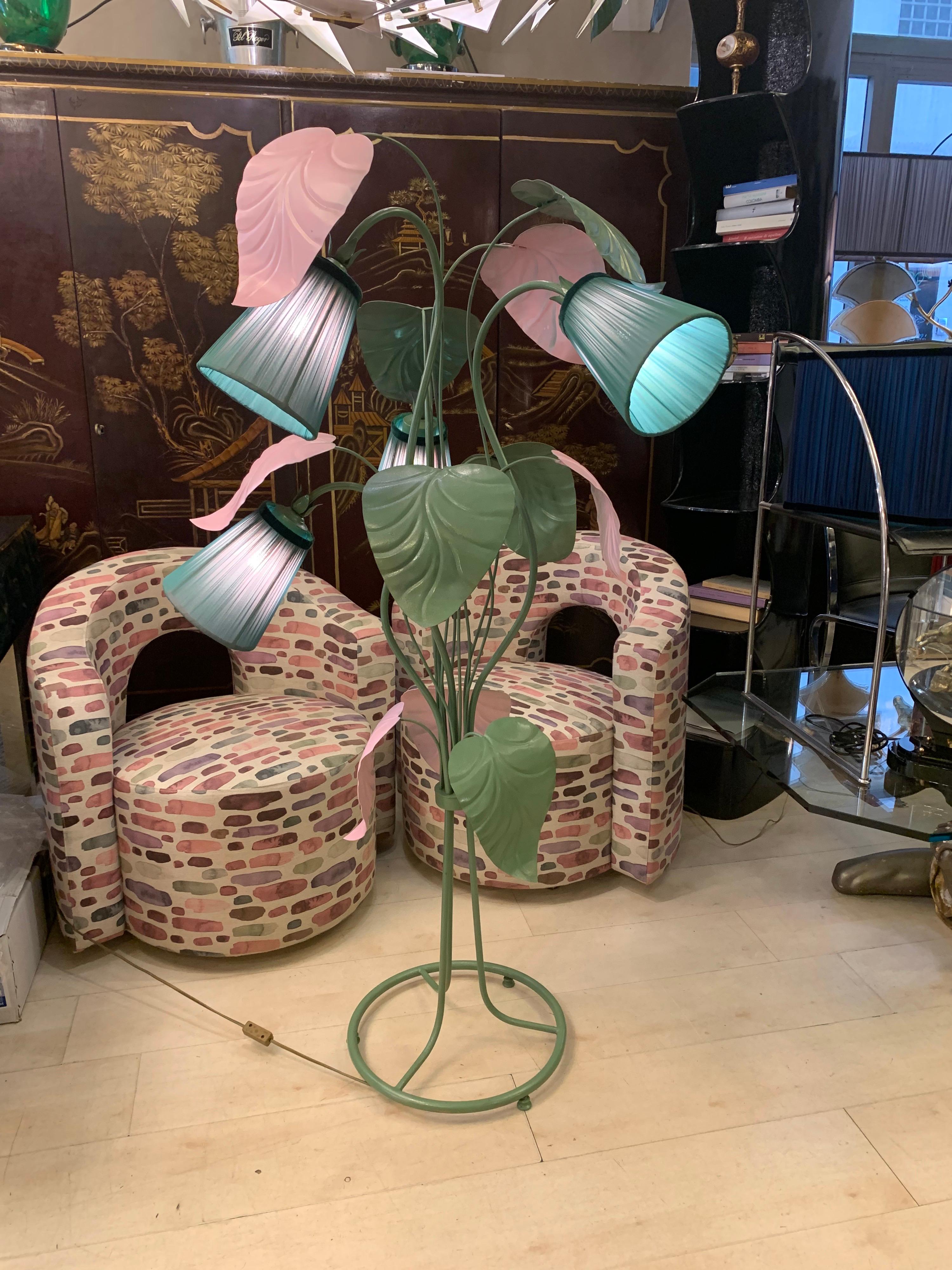 Enlightening Pink and Green Plant Floor Lamp with Our Hand-Sewn Lampshades, 1950s 5