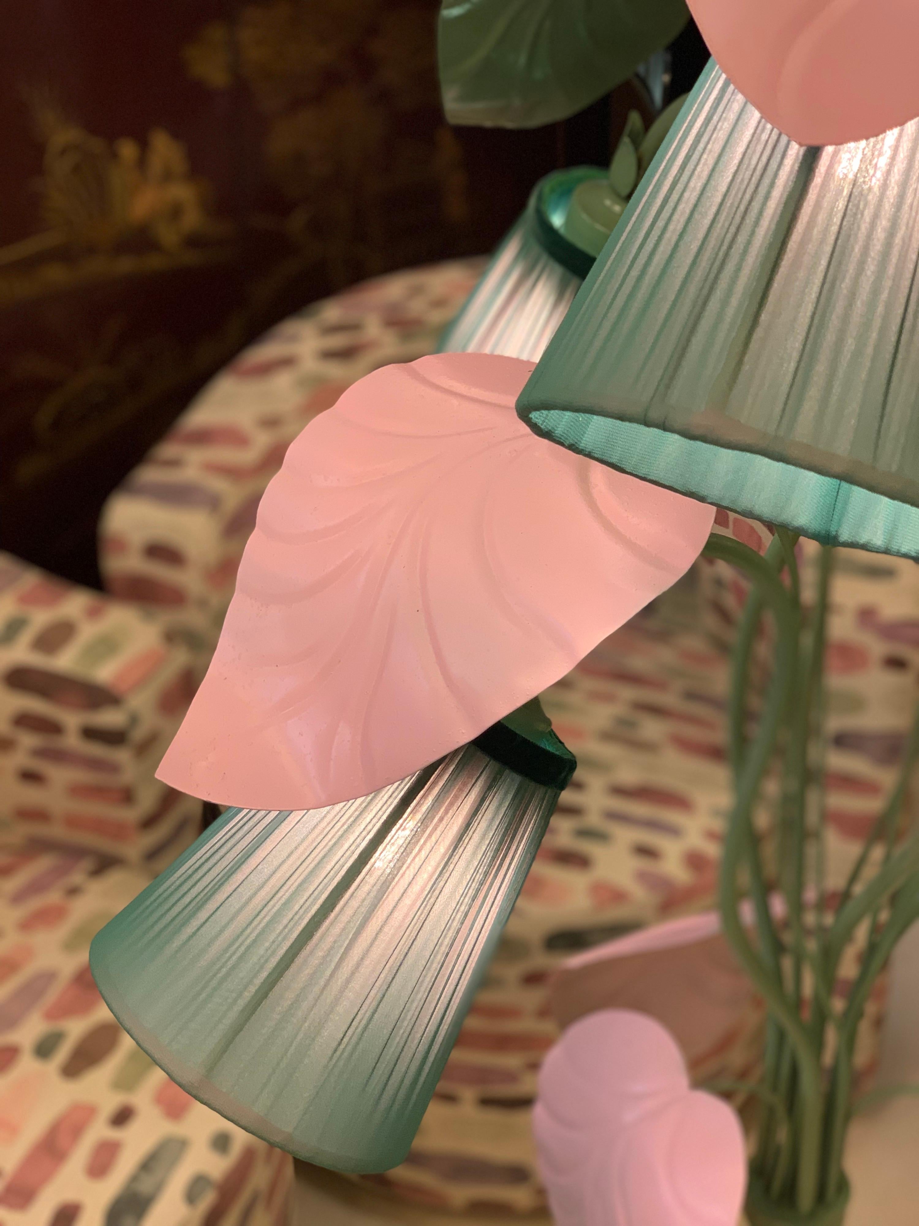 Enlightening Pink and Green Plant Floor Lamp with Our Hand-Sewn Lampshades, 1950s 7