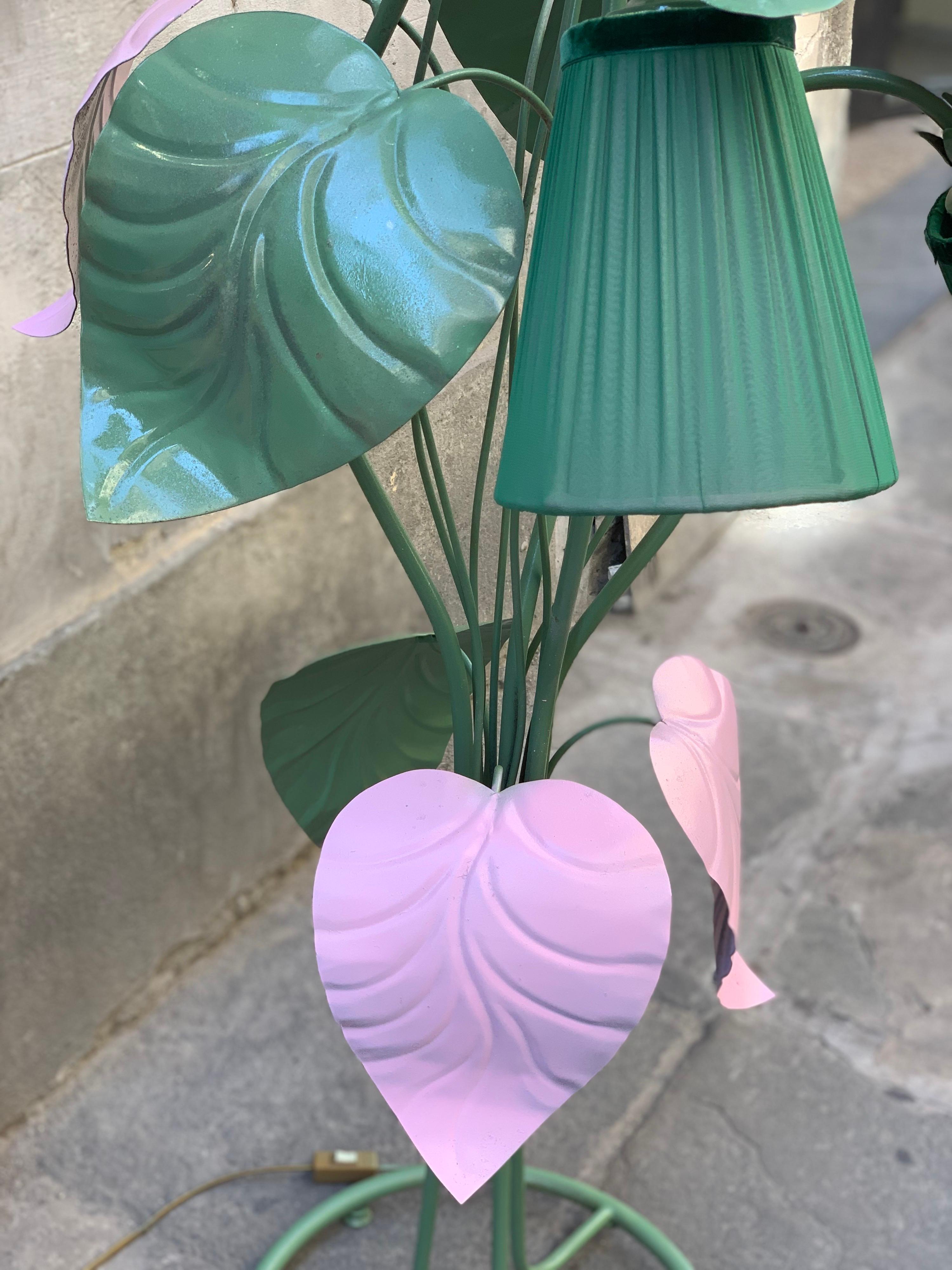 Italian Enlightening Pink and Green Plant Floor Lamp with Our Hand-Sewn Lampshades, 1950s