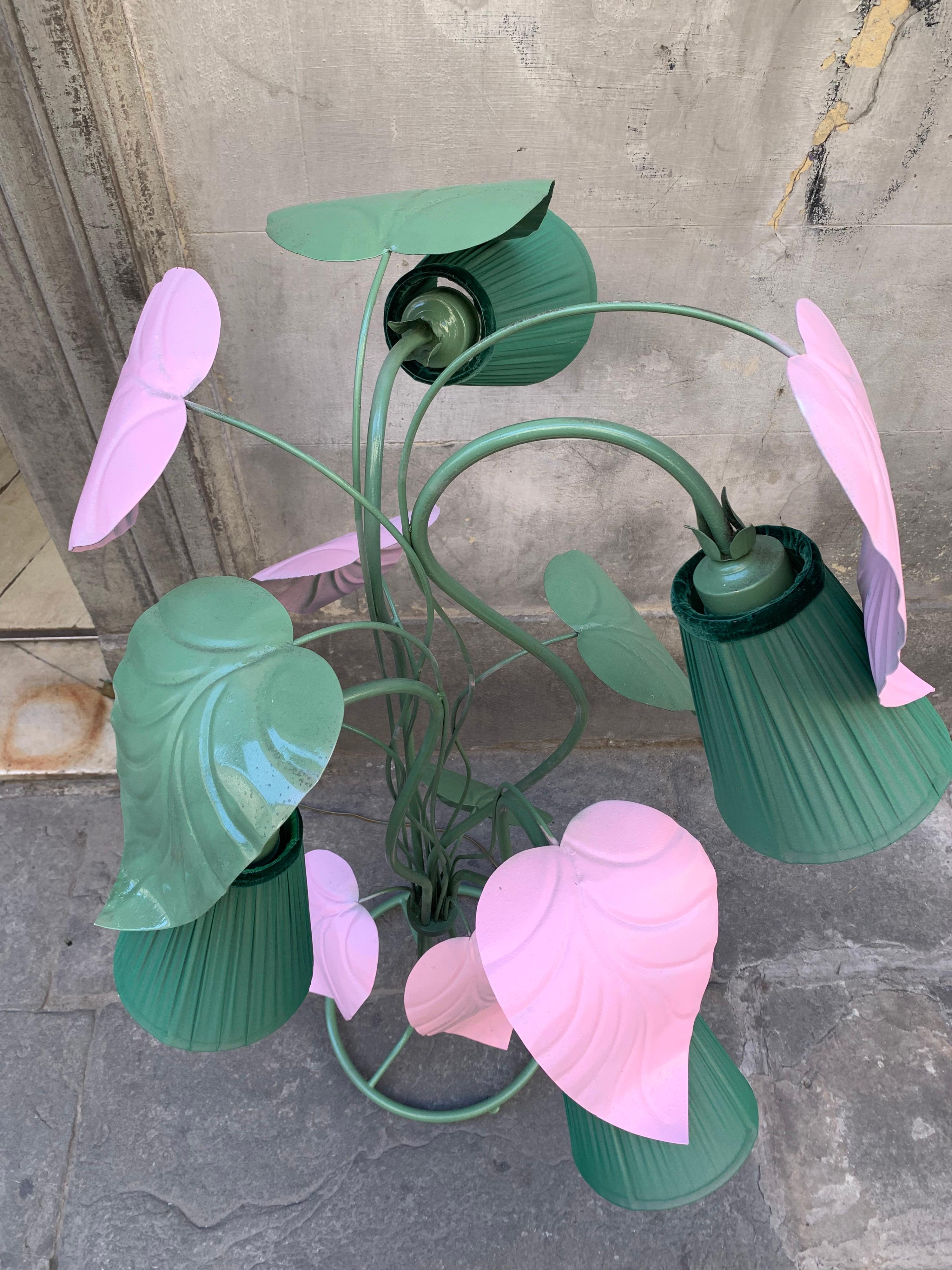 Lacquered Enlightening Pink and Green Plant Floor Lamp with Our Hand-Sewn Lampshades, 1950s
