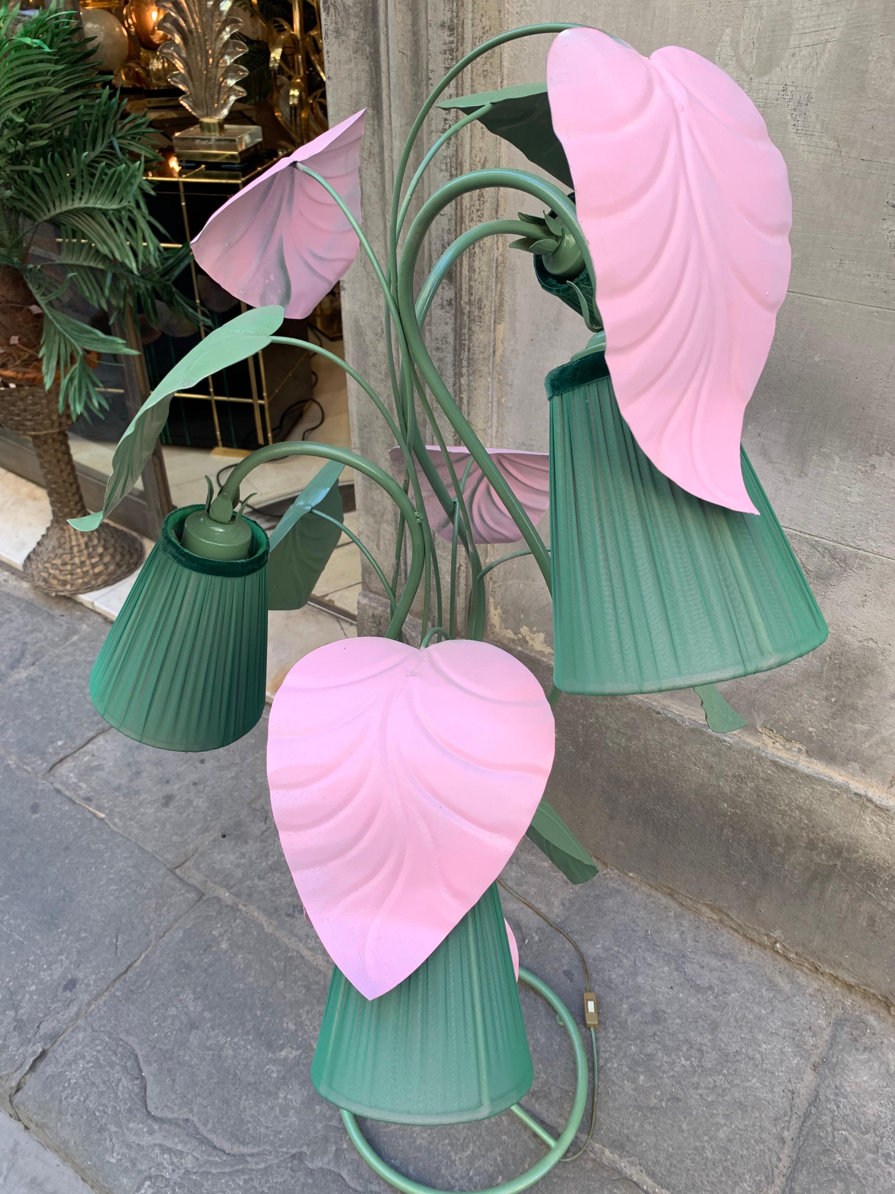 Enlightening Pink and Green Plant Floor Lamp with Our Hand-Sewn Lampshades, 1950s In Excellent Condition In Florence, IT