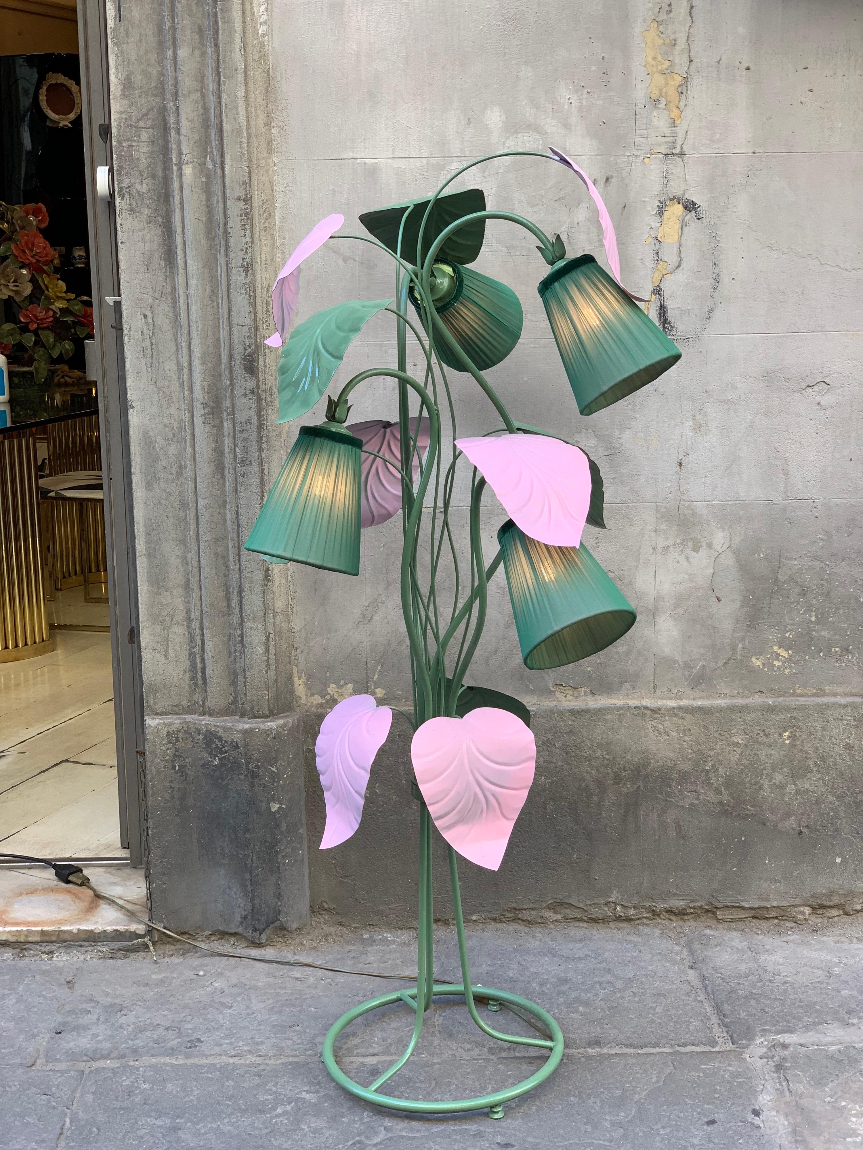 Mid-20th Century Enlightening Pink and Green Plant Floor Lamp with Our Hand-Sewn Lampshades, 1950s