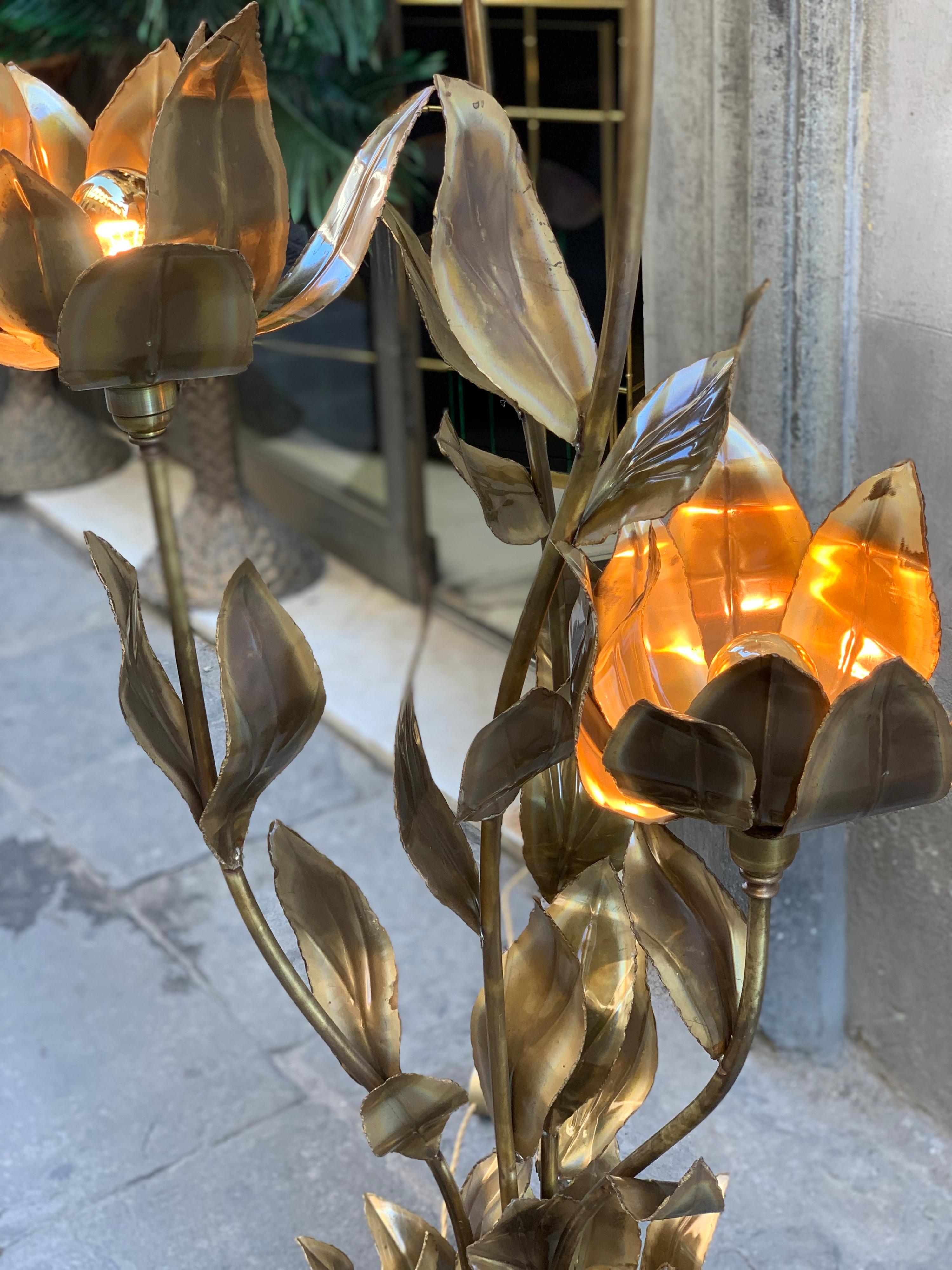 Mid-Century Modern Enlightening Plant Brass Leaves Floor Lamp, 1970s