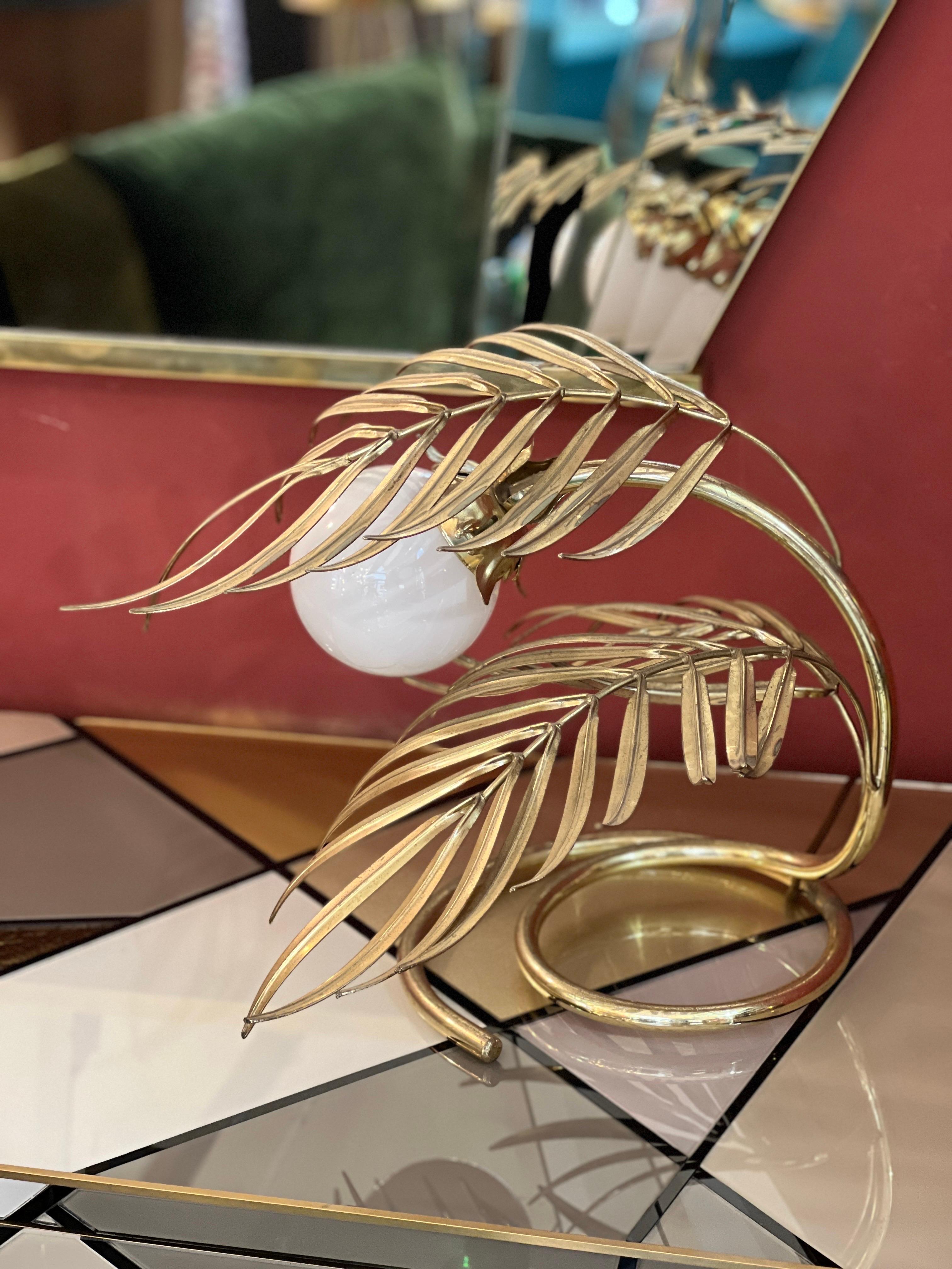 Enlightening Plant Brass Leaves Table Lamp with White Glass Sphere 1980 For Sale 5
