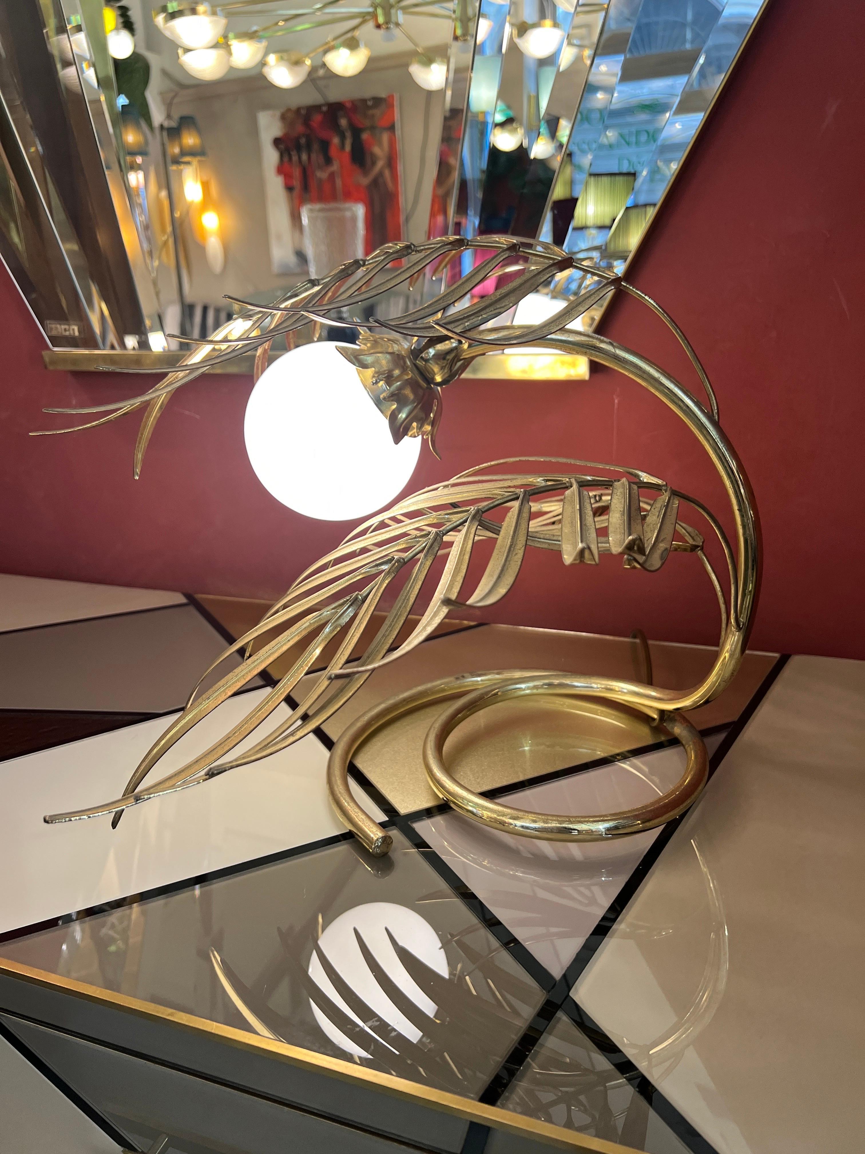 Enlightening Plant Brass Leaves Table Lamp with White Glass Sphere 1980 For Sale 12
