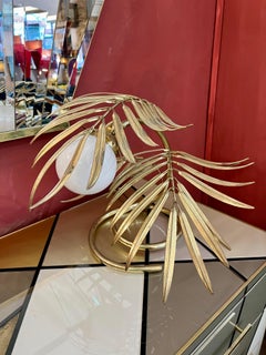 Enlightening Plant Brass Leaves Table Lamp with White Glass Sphere 1980