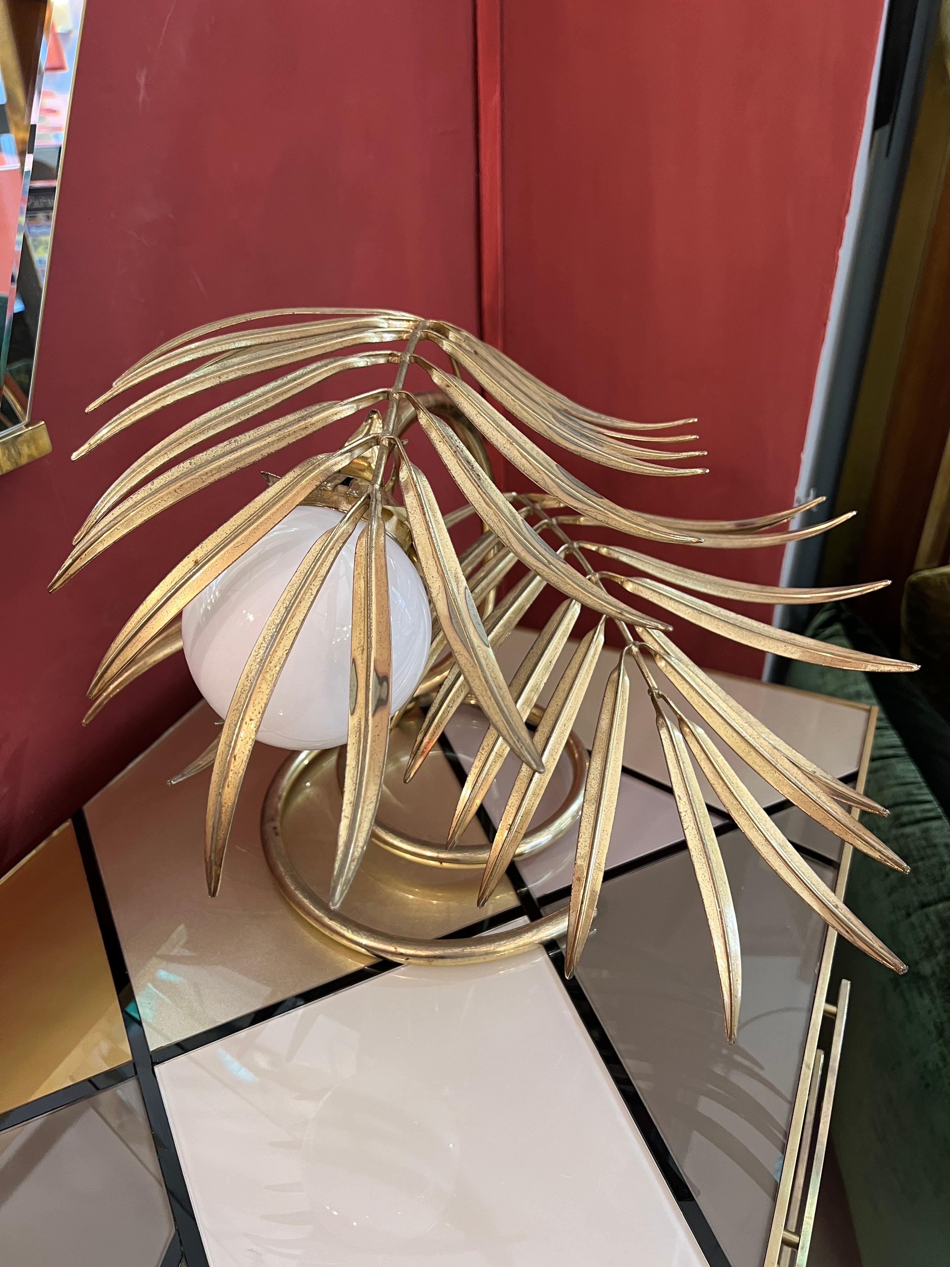 Enlightening Plant Brass Leaves Table Lamp with White Glass Sphere 1980 For Sale 1