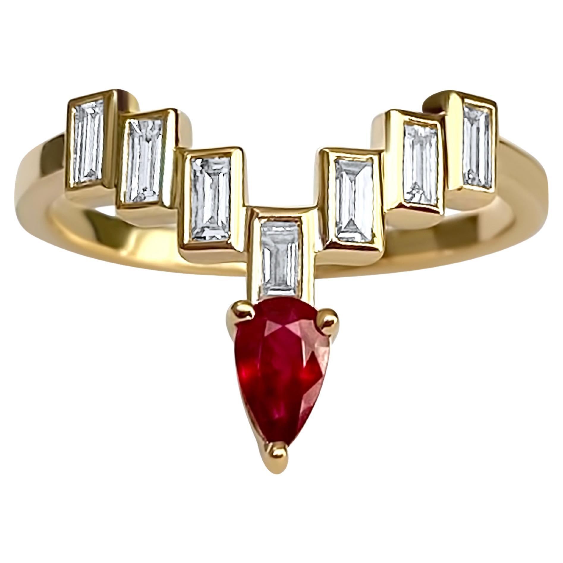 Enlightenment Celestial Crown Tiara Diamond Baguette and Ruby Ring For Sale
