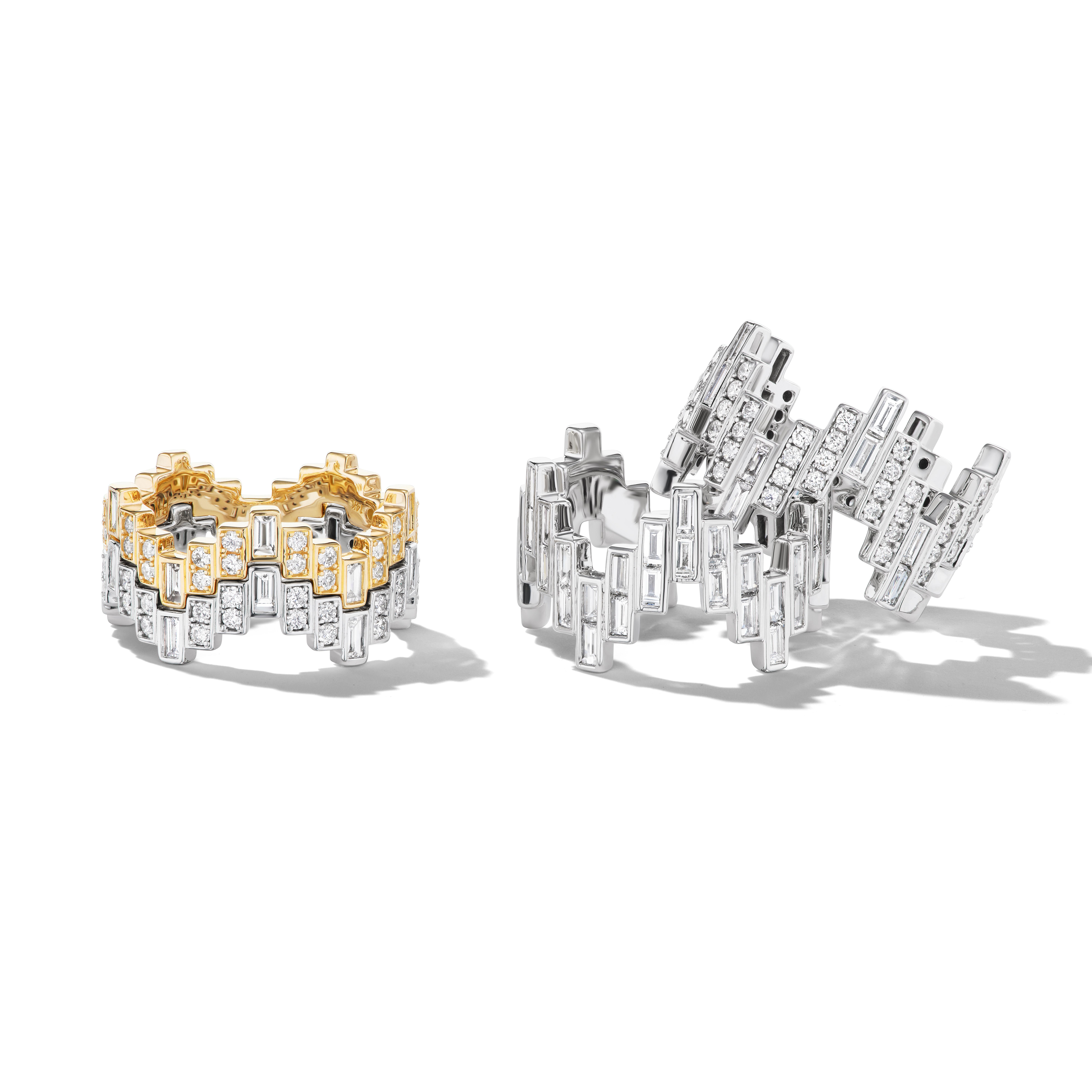 Women's or Men's Enlightenment Celestial Crown Tiara Emerald Baguette and Brilliant Diamond Ring For Sale