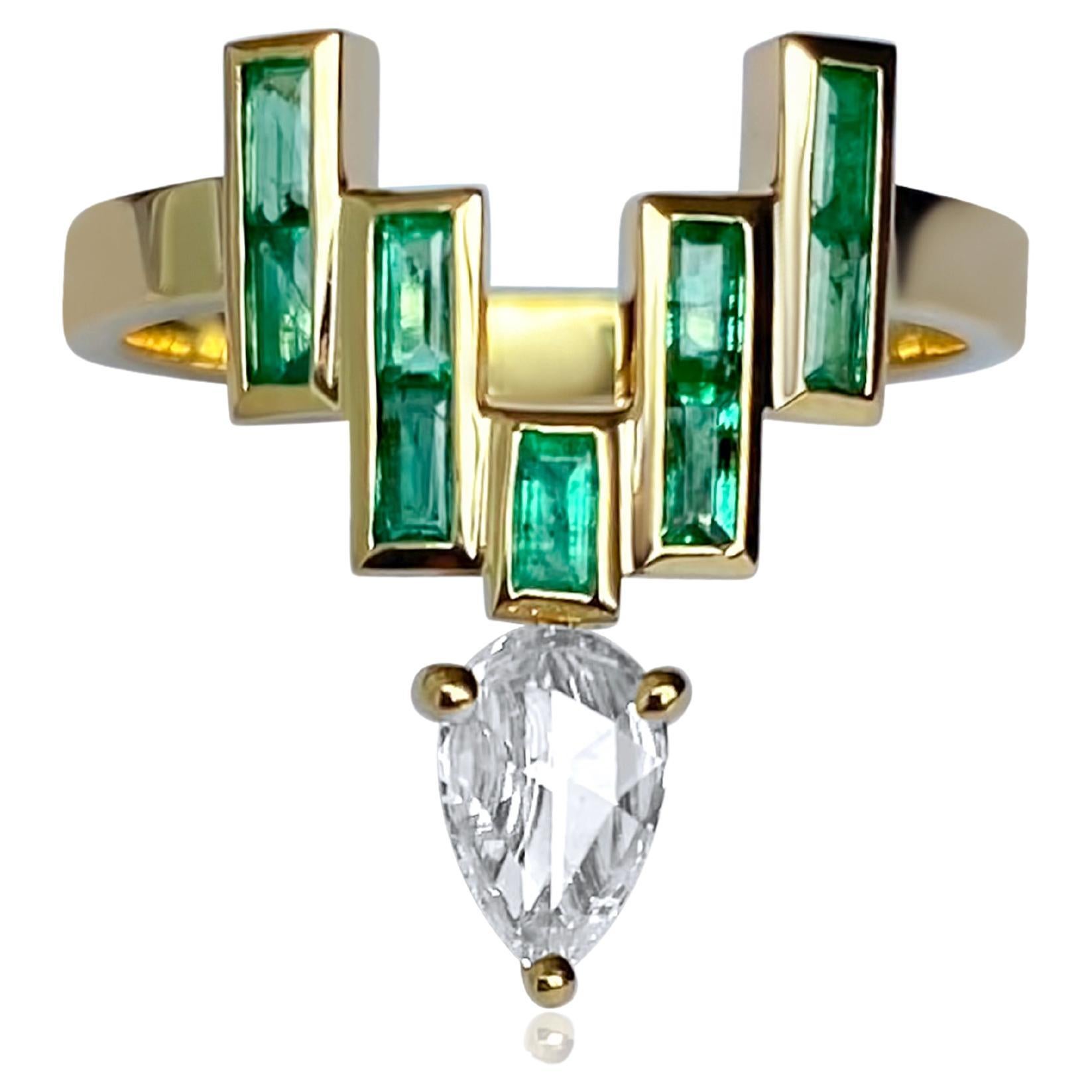Enlightenment Celestial Crown Tiara Emerald Baguette and Rose Cut Diamond Ring