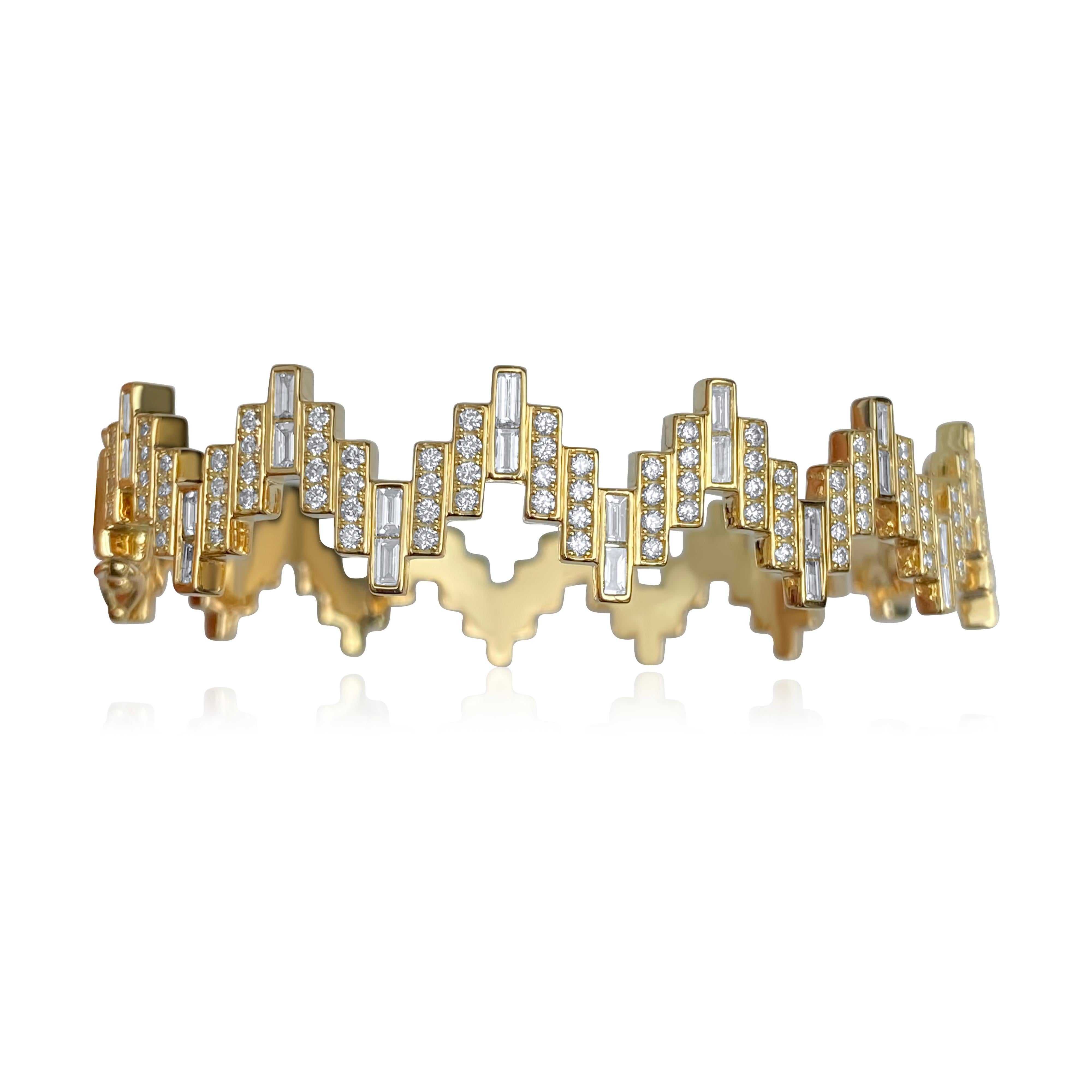 Enlightenment Equilibrium Baguette and Round Diamond Bracelet Yellow Gold For Sale 2