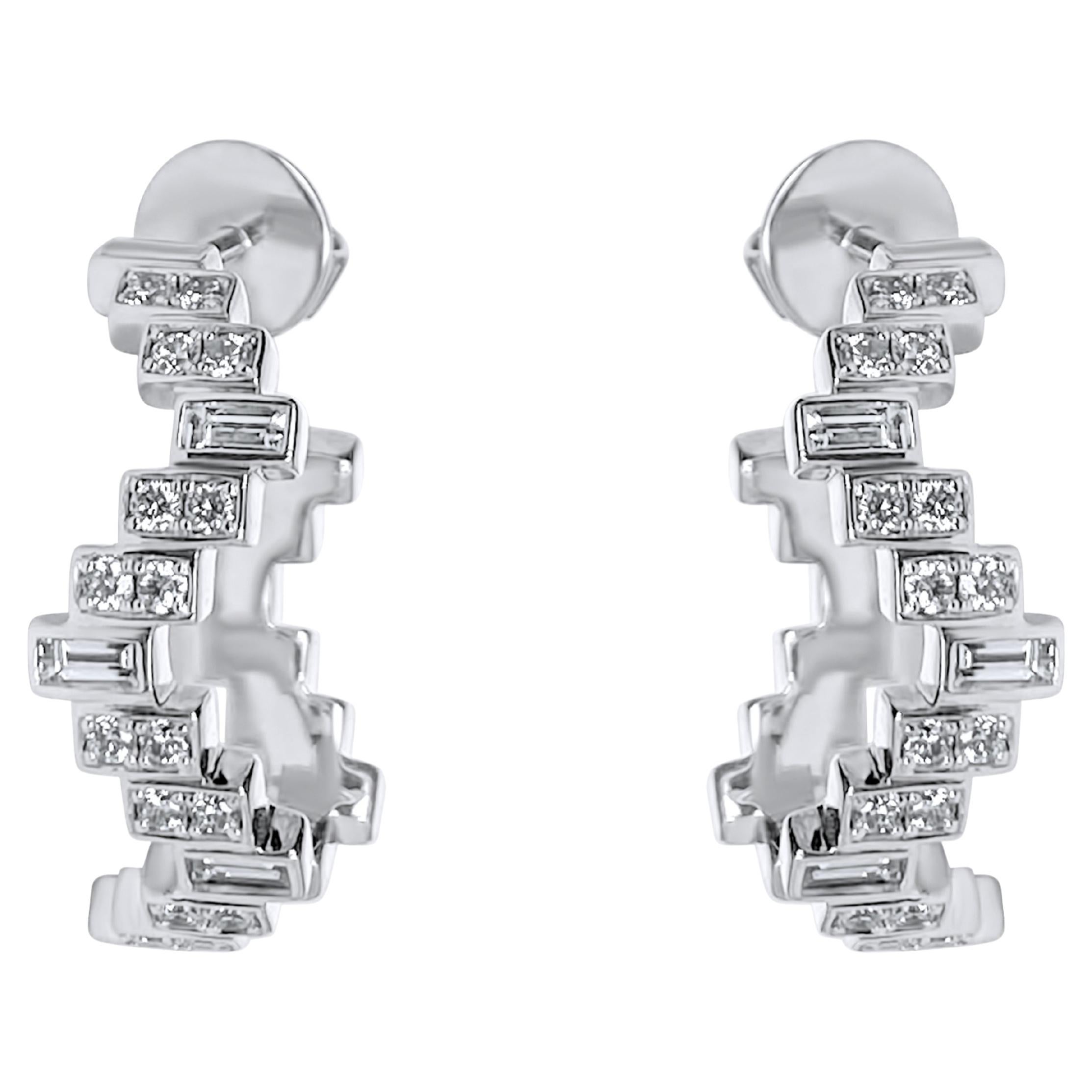 Enlightenment Equilibrium Baguette and Round Diamond Hoop Earrings in White Gold For Sale