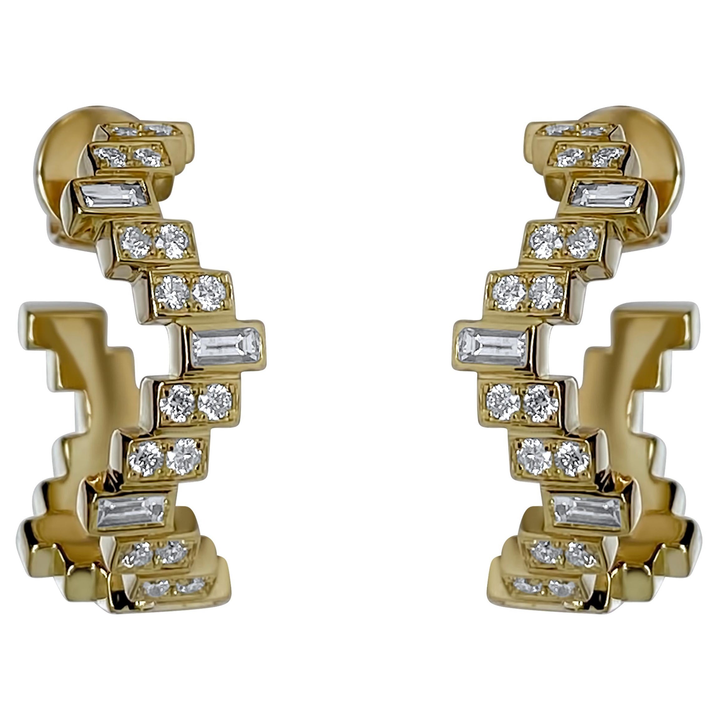 Enlightenment Equilibrium Baguette und runde Diamant-Ohrringe aus Gelbgold
