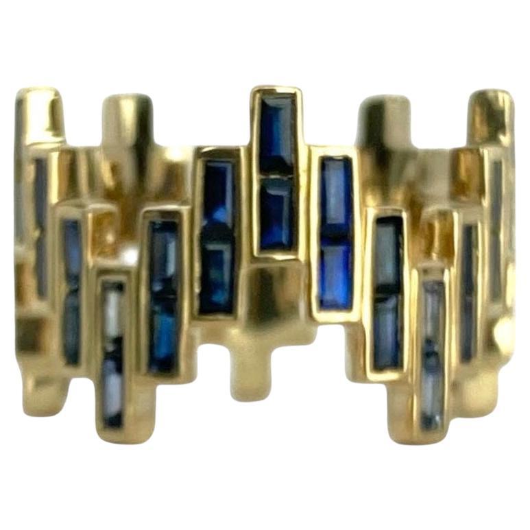Enlightenment Equilibrium Ring All Around Baguette Blue Sapphire Yellow Gold For Sale