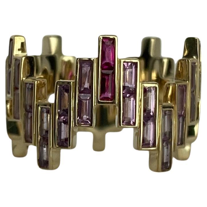 Enlightenment Equilibrium Ring with Pink Sapphire Baguettes Yellow Gold For Sale