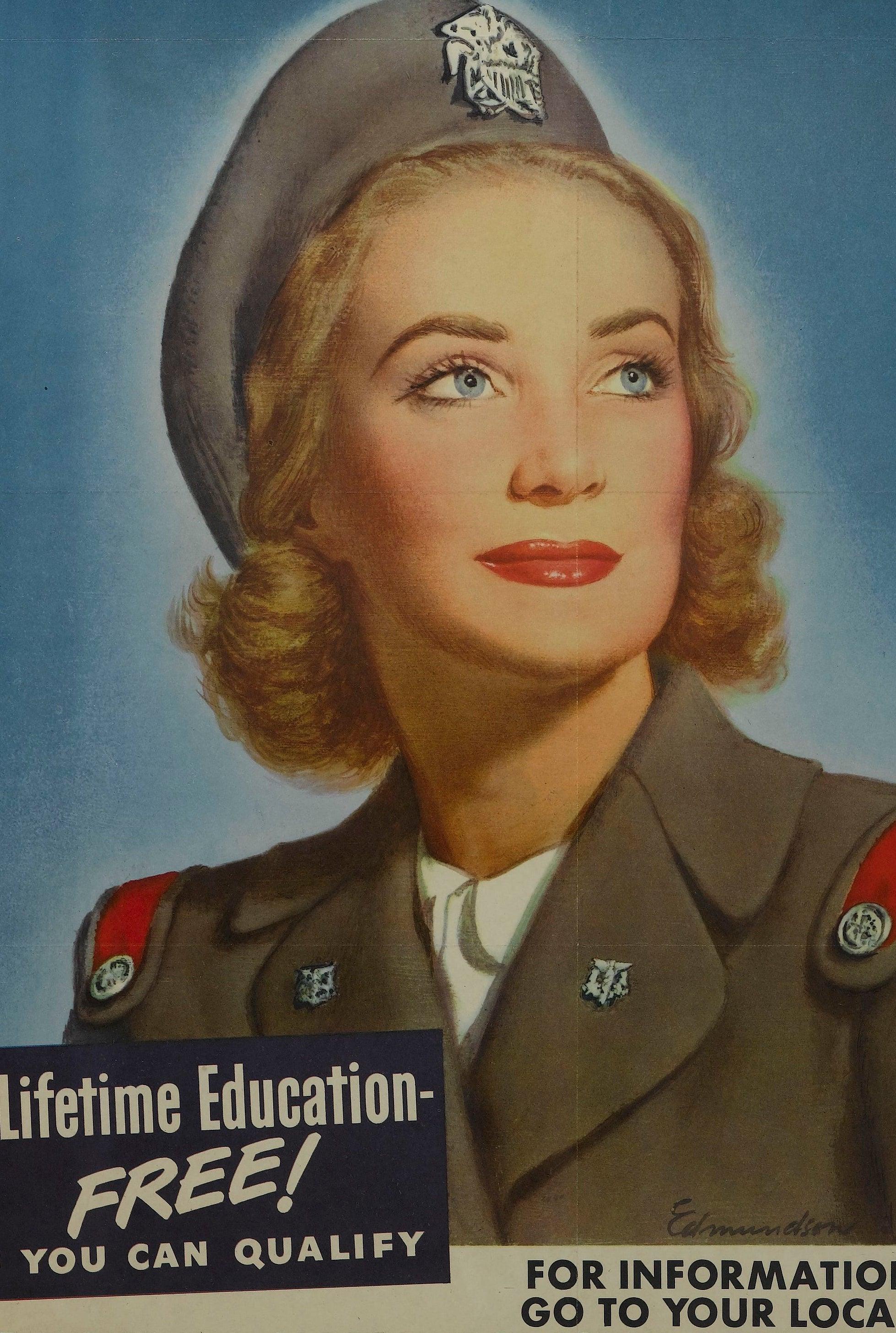 Nous vous proposons une affiche de recrutement du Corps des infirmières des cadets américains datant de la Seconde Guerre mondiale. Mettant en évidence une cadette en uniforme, l'affiche encourage les lecteurs à 