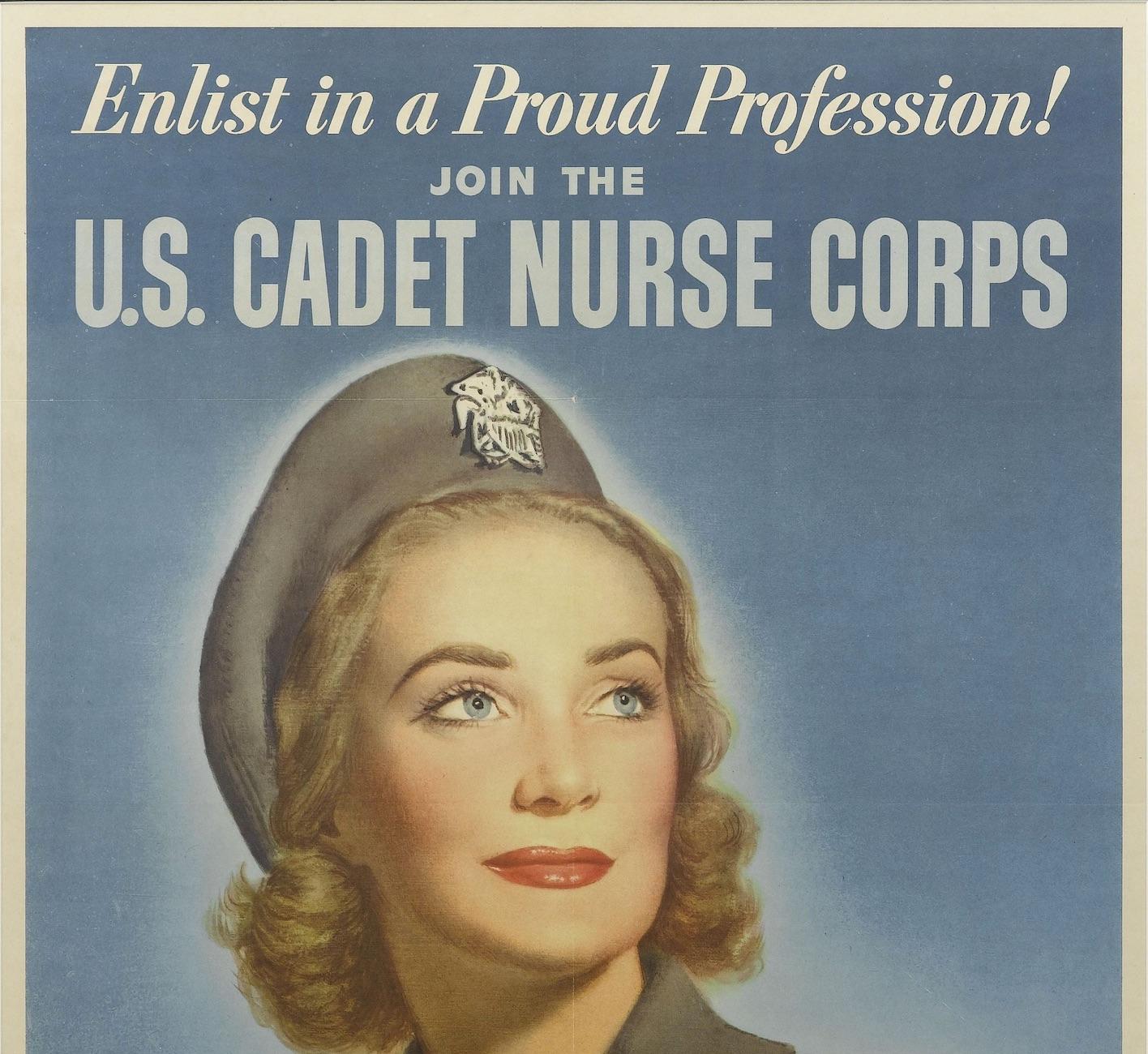 Offered is a vintage WWII U.S. Cadet Nurse Corps recruitment poster. Highlighting a female cadet in uniform, the poster encourages readers to “Enlist in a Proud Profession! Join U.S. Nurse Corps.” It continues with “A Lifetime Education - Free! If