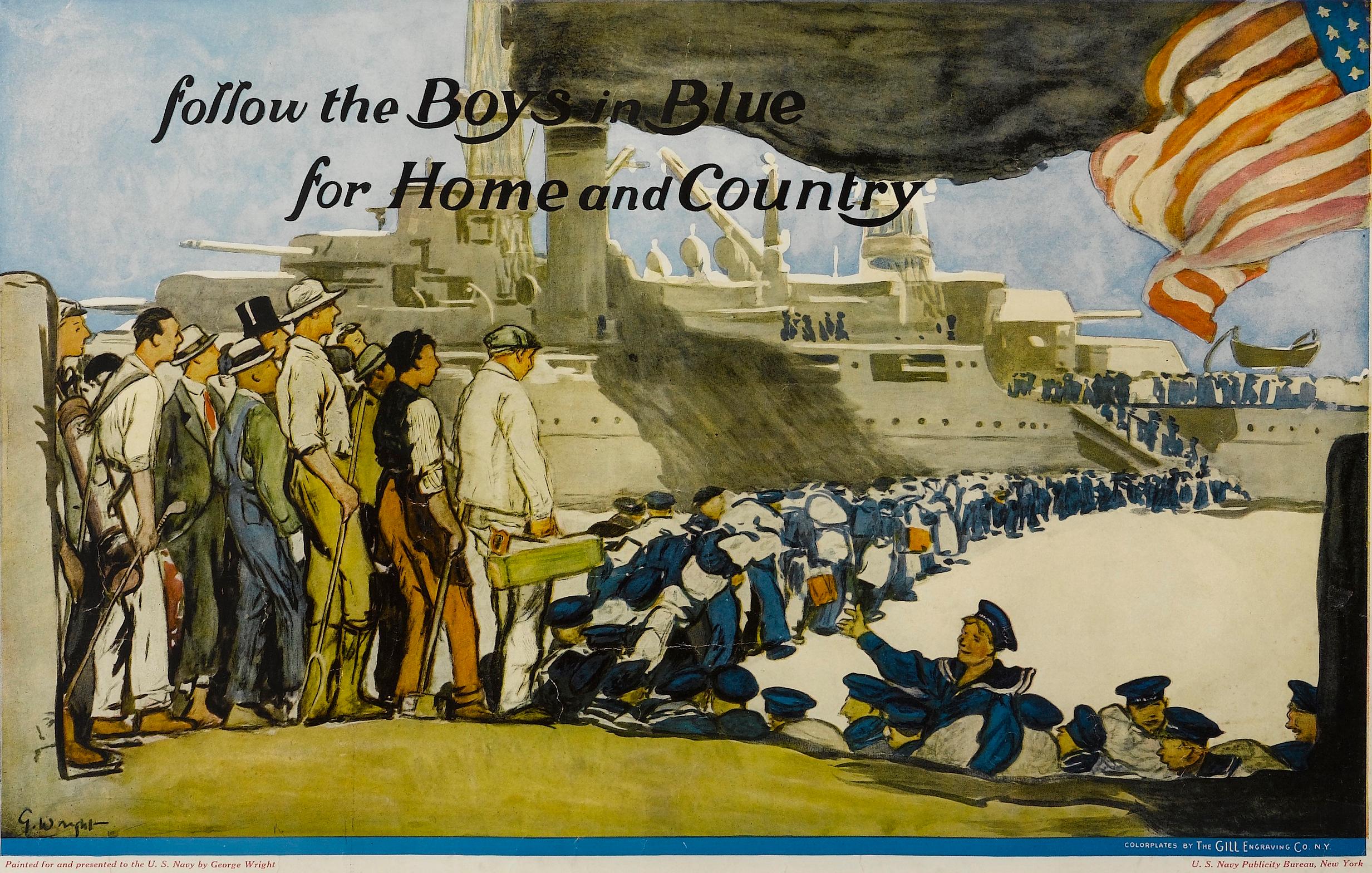 Enlist in the Navy: follow the boys in blue for home and country
Creator: George Hand Wright

United States Navy First World War recruitment poster featuring a long queue of sailors in blue uniforms waiting to board a naval warship with one