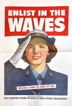 "Enlist in the Waves. Release a Man to Fight At Sea. " Vintage WWII Poster, 1943