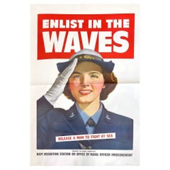 "Enlist in the Waves. Release a Man to Fight At Sea. " Vintage WWII Poster, 1943