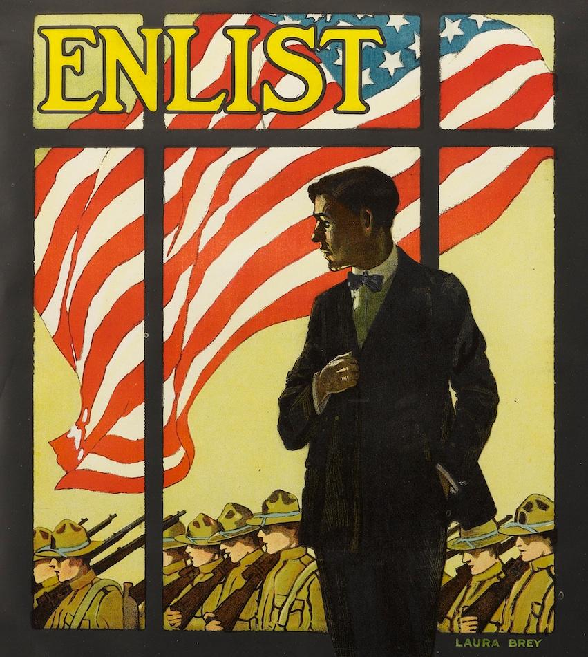 This colorful and dynamic poster was created by artist Laura Brey in 1917. It urges that eligible men enlist in the WWI war effort.

Laura Brey (1889 or 1891-1980) was a teacher at the Art Institute of Chicago. In 1917, she entered a contest to