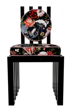 Ennesima, contemporary chair by Studio Greca; Black Aluminium, Floral Fabric