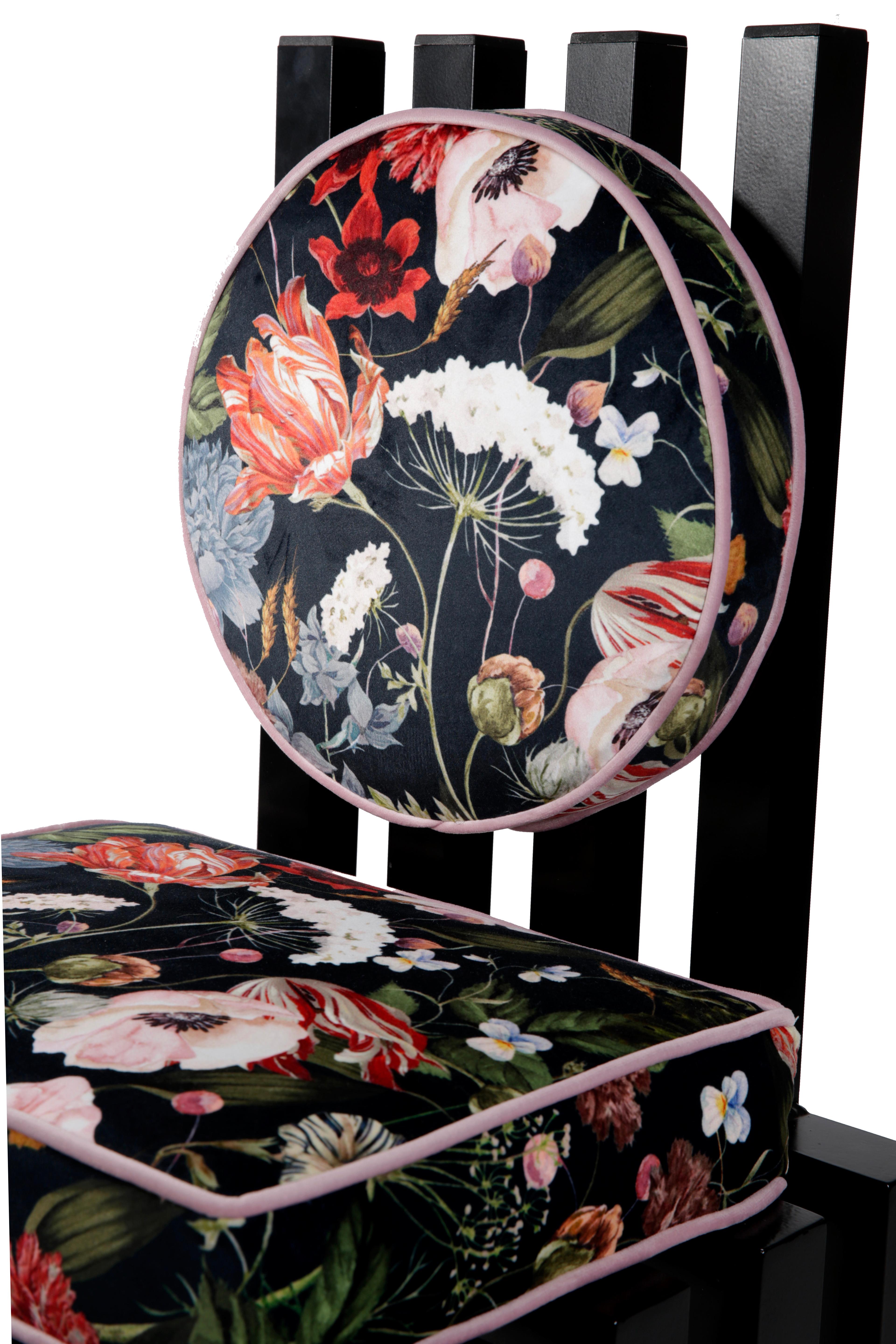 Modern Ennesima, contemporary chair by Studio Greca; Black Aluminium, Floral Fabric For Sale