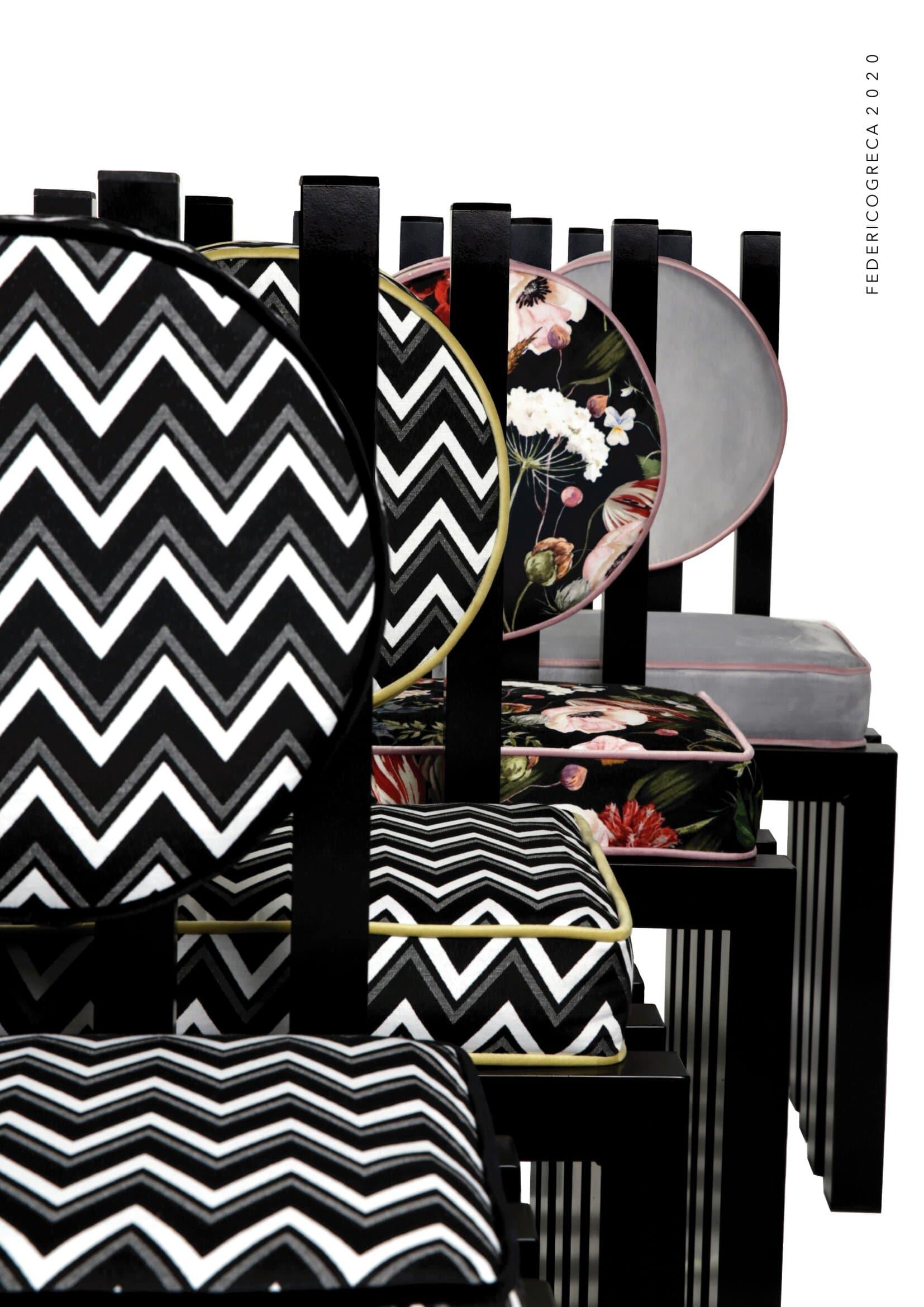 Ennesima, zeitgenössischer Stuhl von Studio Greca, schwarzes Aluminium, Zigzag-Stoff im Angebot 1