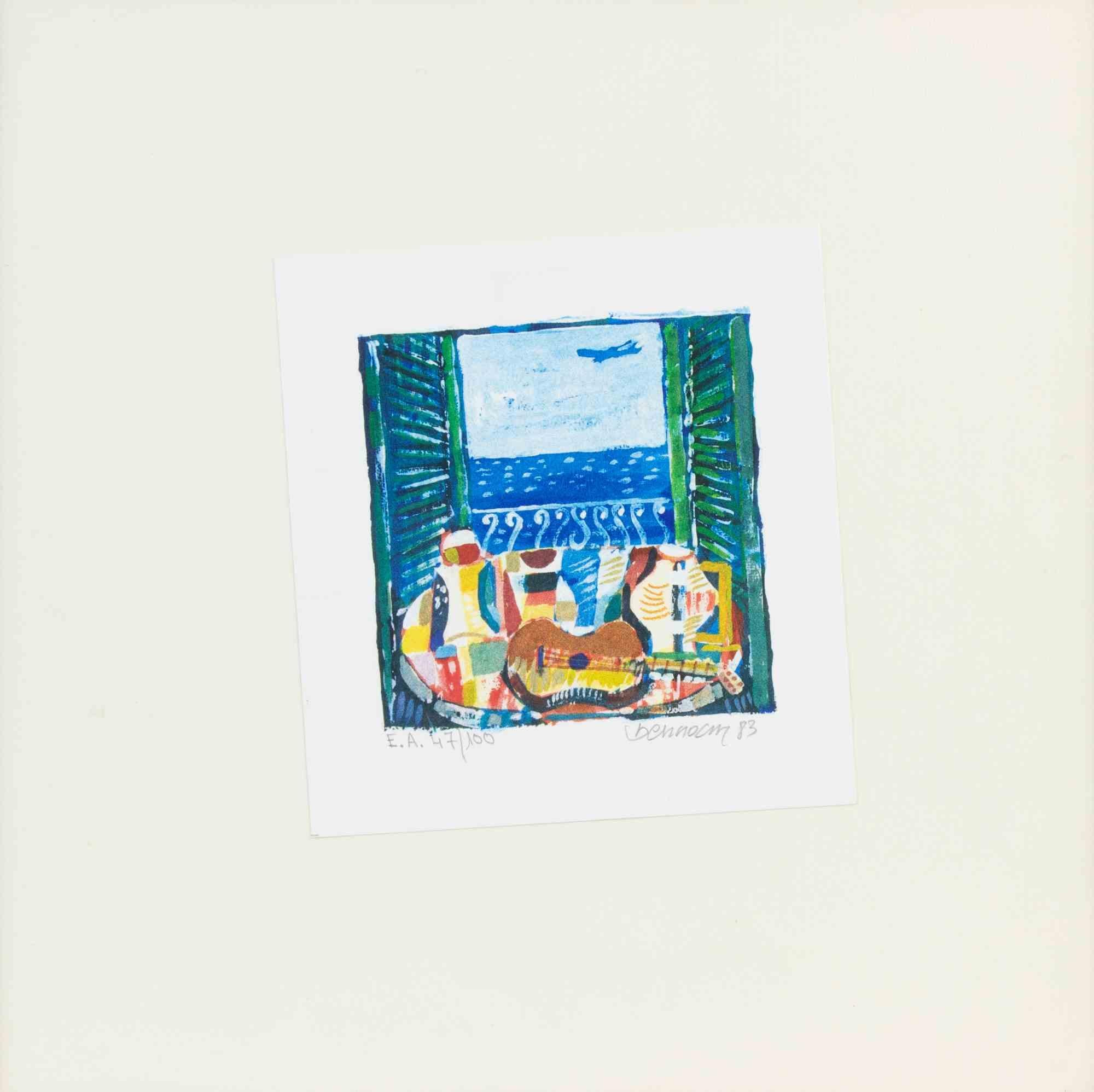 Finestra con vista mare e mandolino - Litografia di Ennio Bencini - 1983 in vendita 1