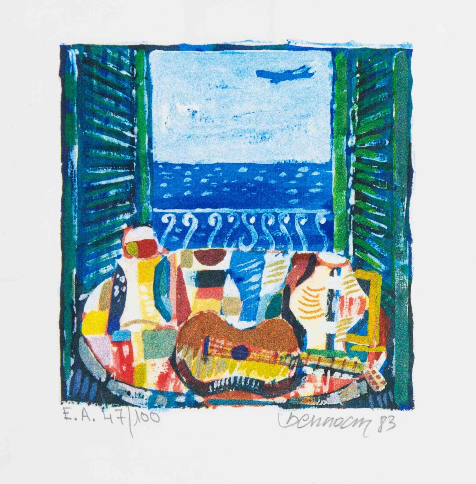 Seaview window with mandolin is a contemporary artwork realized by Ennio Bencini in 1983.

Mixed colored lithograph.

Han dsigned and dated on the lower margin.

Numbered on the lower left.

Edition of 47/100.