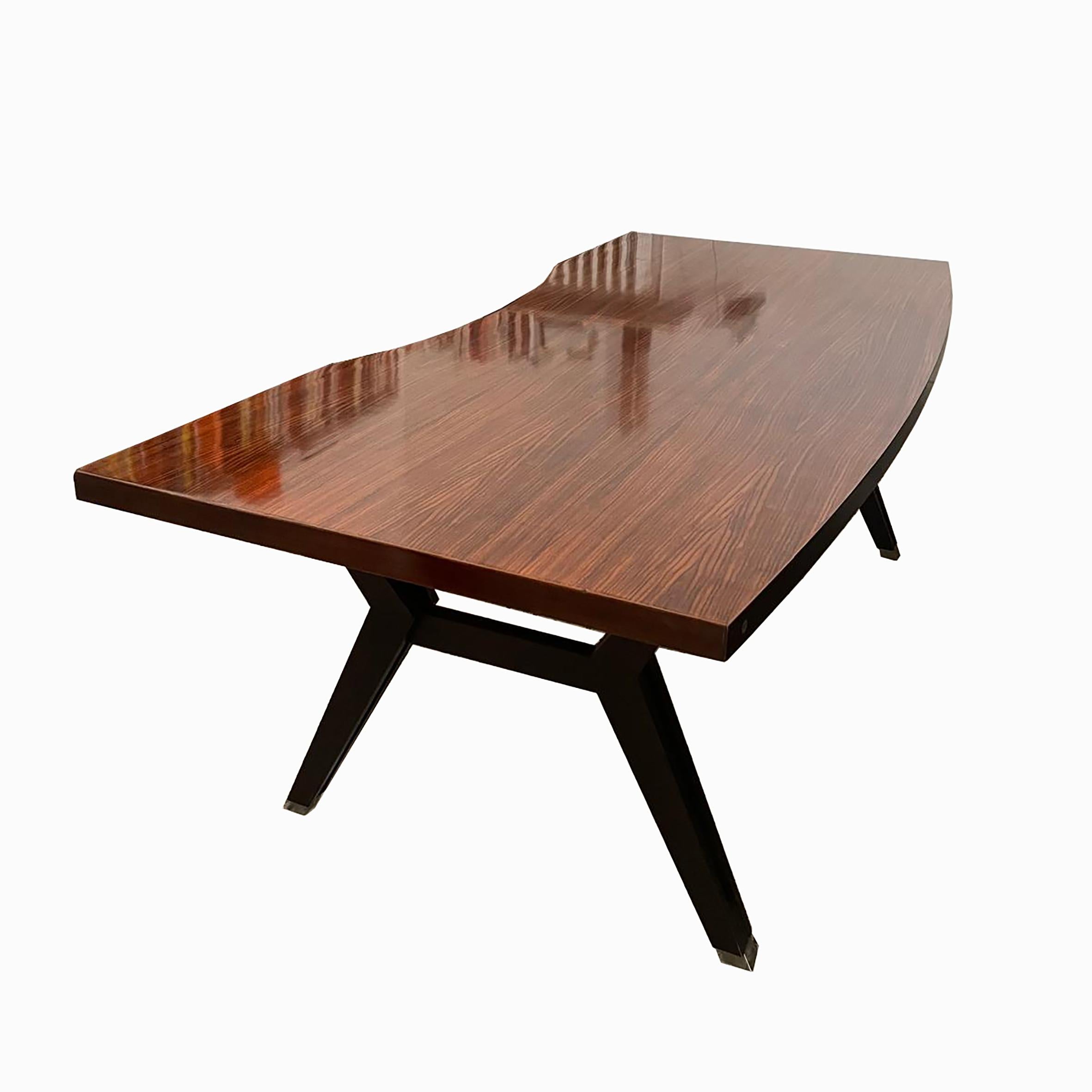 Ennio Fazioli for MiM

Terni

A teak and metal rectangular office desk, on two X-shaped legs, with a container opening with three drawers on the left side underneath the top.
With a conforming metal and teak armchair, the seat and back made of teak