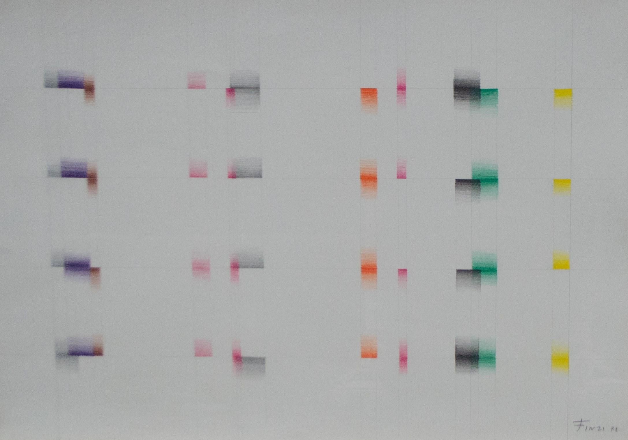 Ennio Finzi (born 1931, Venice) Transcromatic light vibration, Abstract composition. 
Year 1978

This painting on paper by Ennio Finzi, untitled, from 1978.
Dimensions 35x50 cm
With a very decorative vintage aluminum and wooden frame, with