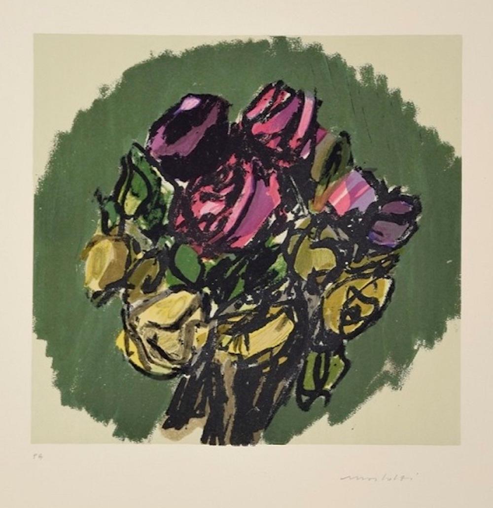 Bouquet is a colored lithograph by Ennio Morlotti in the 1980s.

Hand-signed on the lower right margin. Artist's Proof. very good conditions.

This floral composition represents a still life with a bouquet of roses realized with well-balanced