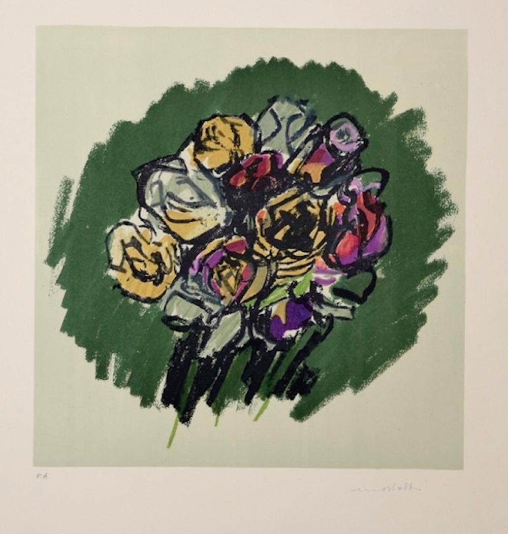 Colorful Bouquet - Original Lithograph by Ennio Morlotti - 1980s