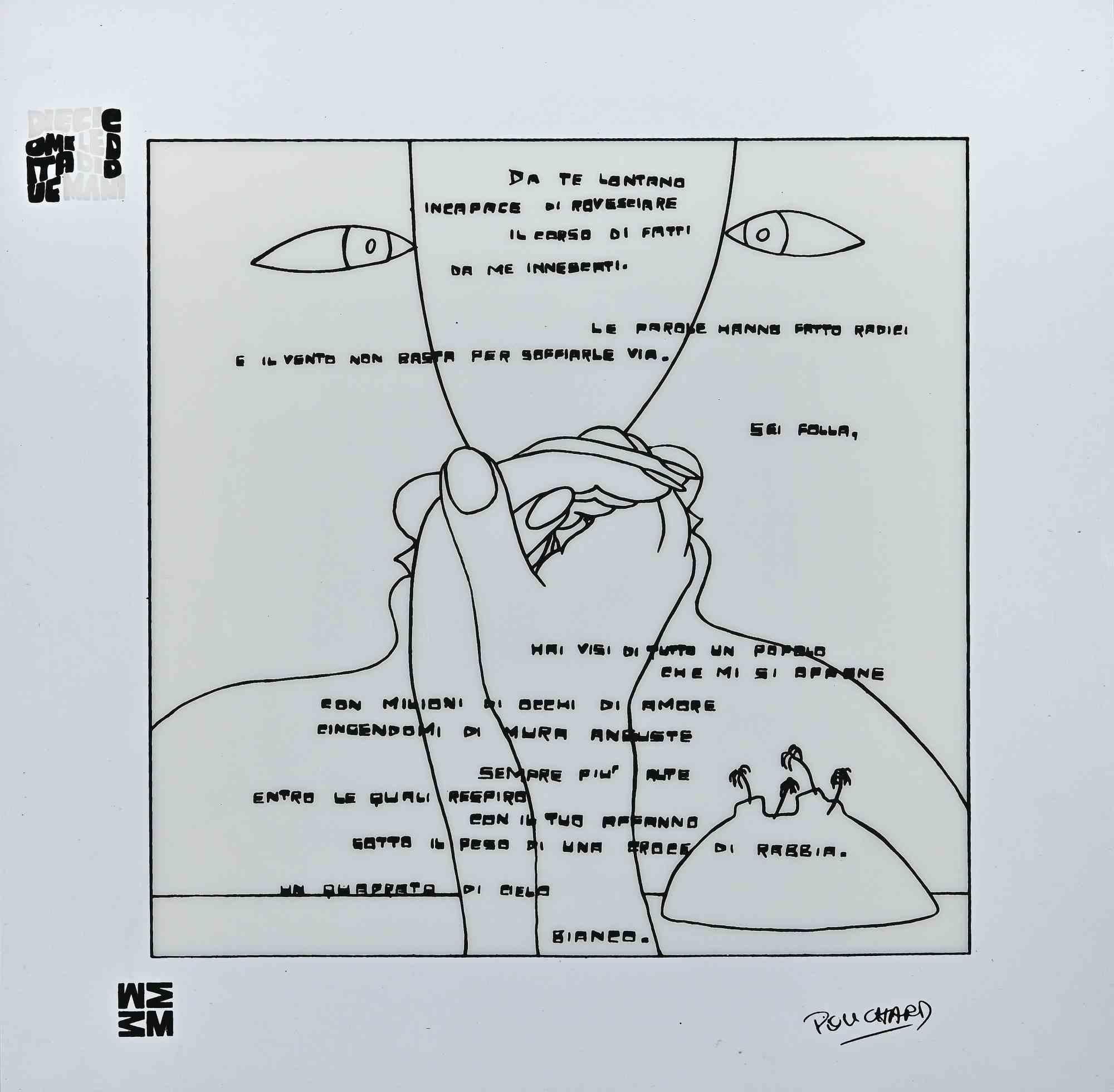  Diecicomeleditadiduemani è una stampa serigrafica a colori su acetati, realizzata in  1973  dall'artista  Ennio Pouchard  (1928).

Firmato sul piatto  in basso a destra.

Dal portfolio "Diecicomeleditadiduemani", contenente 10 serigrafie su