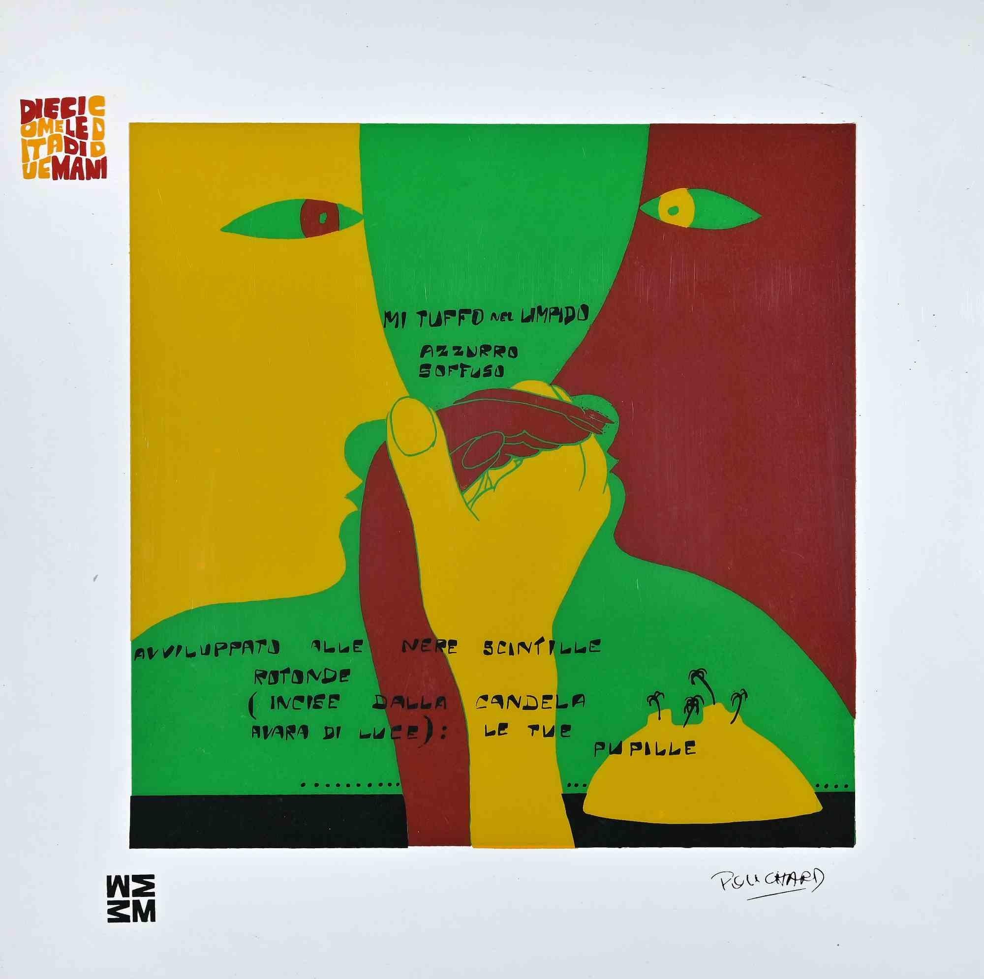 Azzurro soffuso - Diecicomeleditadiduemani is a color silk-screen print on acetates, realized in  1973  by the artist  Ennio Pouchard  (1928).

Signed on plate  on the lower right.

From the porfolio " Diecicomeleditadiduemani ", containing 10