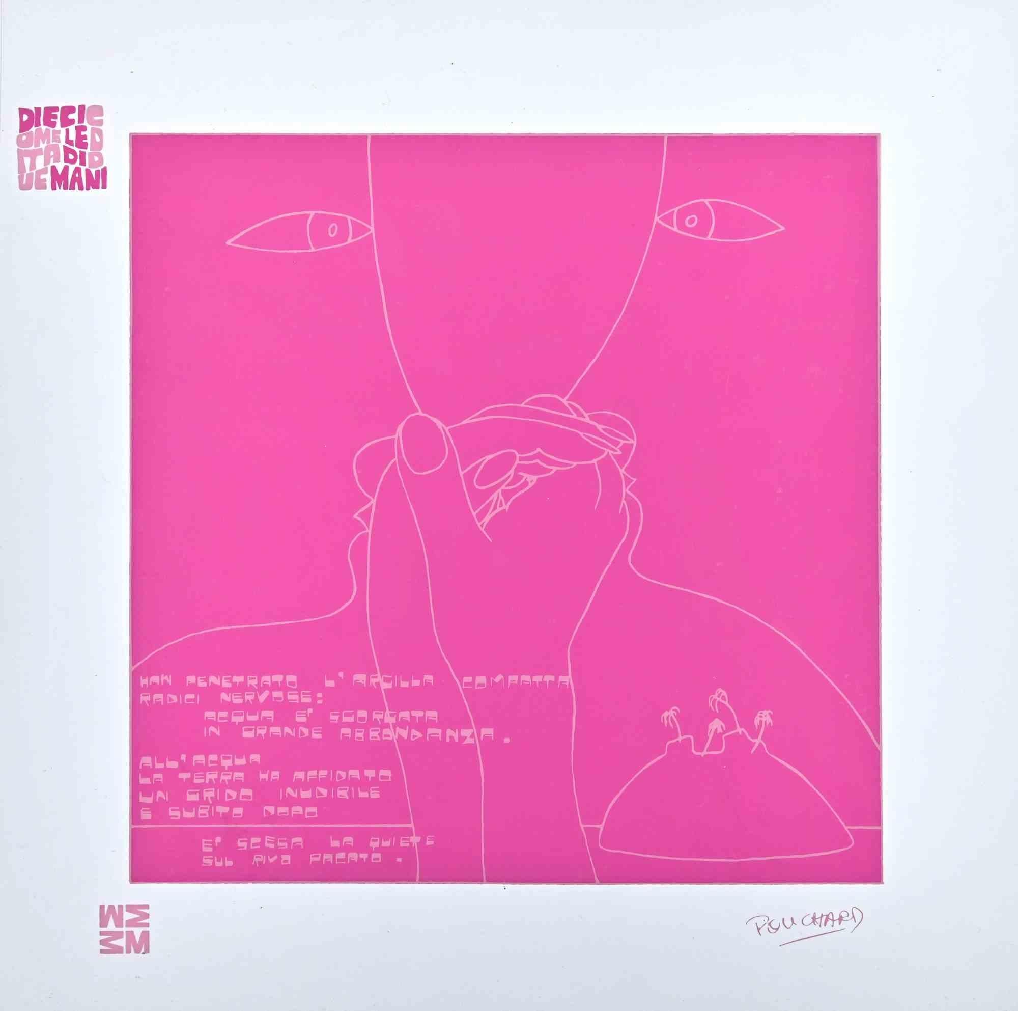 Argilla compatta - Diecicomeleditadiduemani is a color silk-screen print on acetates, realized in  1973  by the artist  Ennio Pouchard  (1928).

Signed on plate  on the lower right.

From the porfolio " Diecicomeleditadiduemani ", containing 10