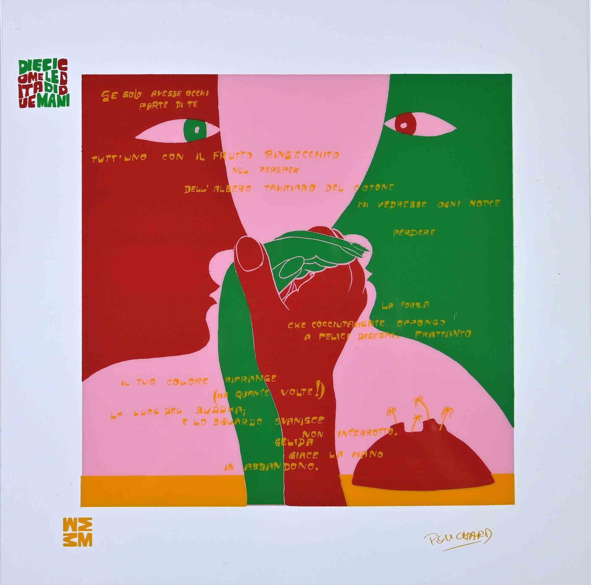 Diecicomeleditadiduemani is a suite of screen prints acetates realized in 1973 by the artist  Ennio Pouchard  (1928).

Signed on plate  on the lower right.

From the porfolio " Diecicomeleditadiduemani ", containing 10 silk-screen prints on