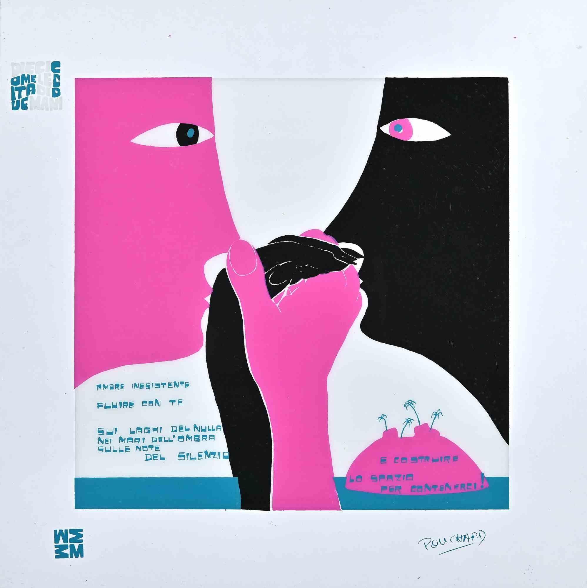 Fluire con Te - Diecicomeleditadiduemani is a color silk-screen print on acetates, realized in  1973  by the artist  Ennio Pouchard  (1928).

Signed on plate  on the lower right.

From the porfolio " Diecicomeleditadiduemani ", containing 10